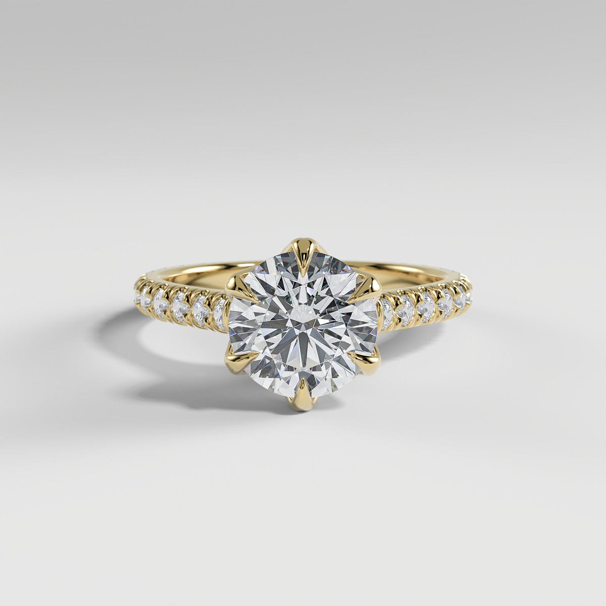 VIOLET - Round Solitaire Engagement Ring with Pavé Diamond Cathedral Band and Lotus Basket