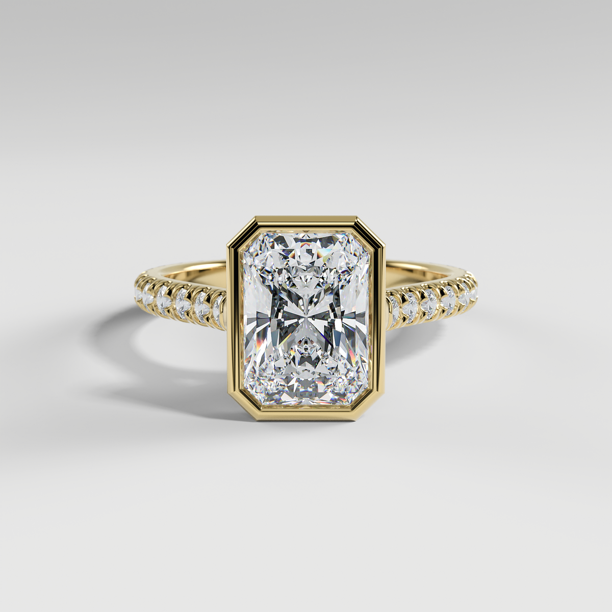 ABIGAIL - Radiant Solitaire Engagement Ring with Pavé Diamond Cathedral Band and Full Bezel Setting