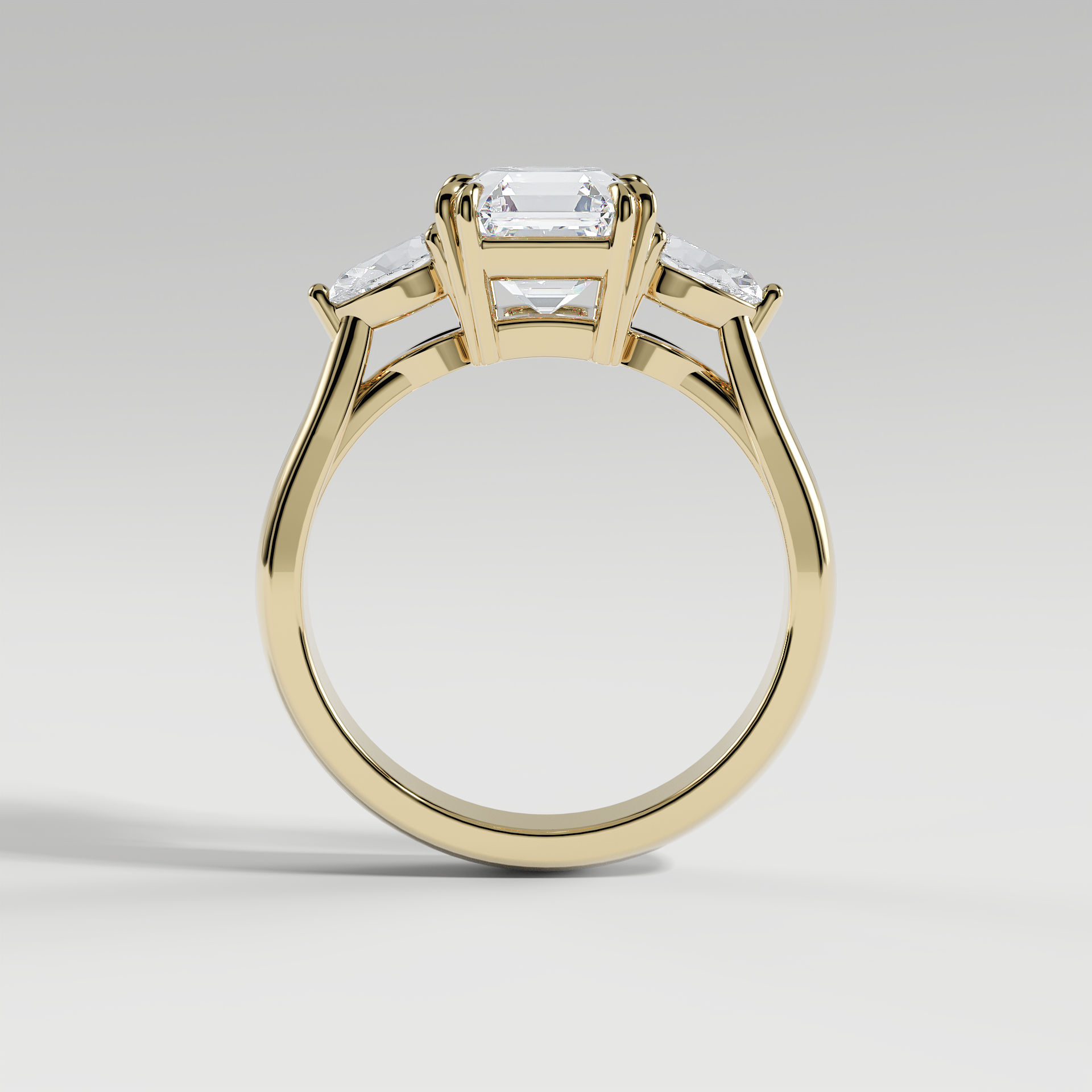 HAZEL - Asscher Three-Stone Engagement Ring with Pear Side Stones and Polished Cathedral Band
