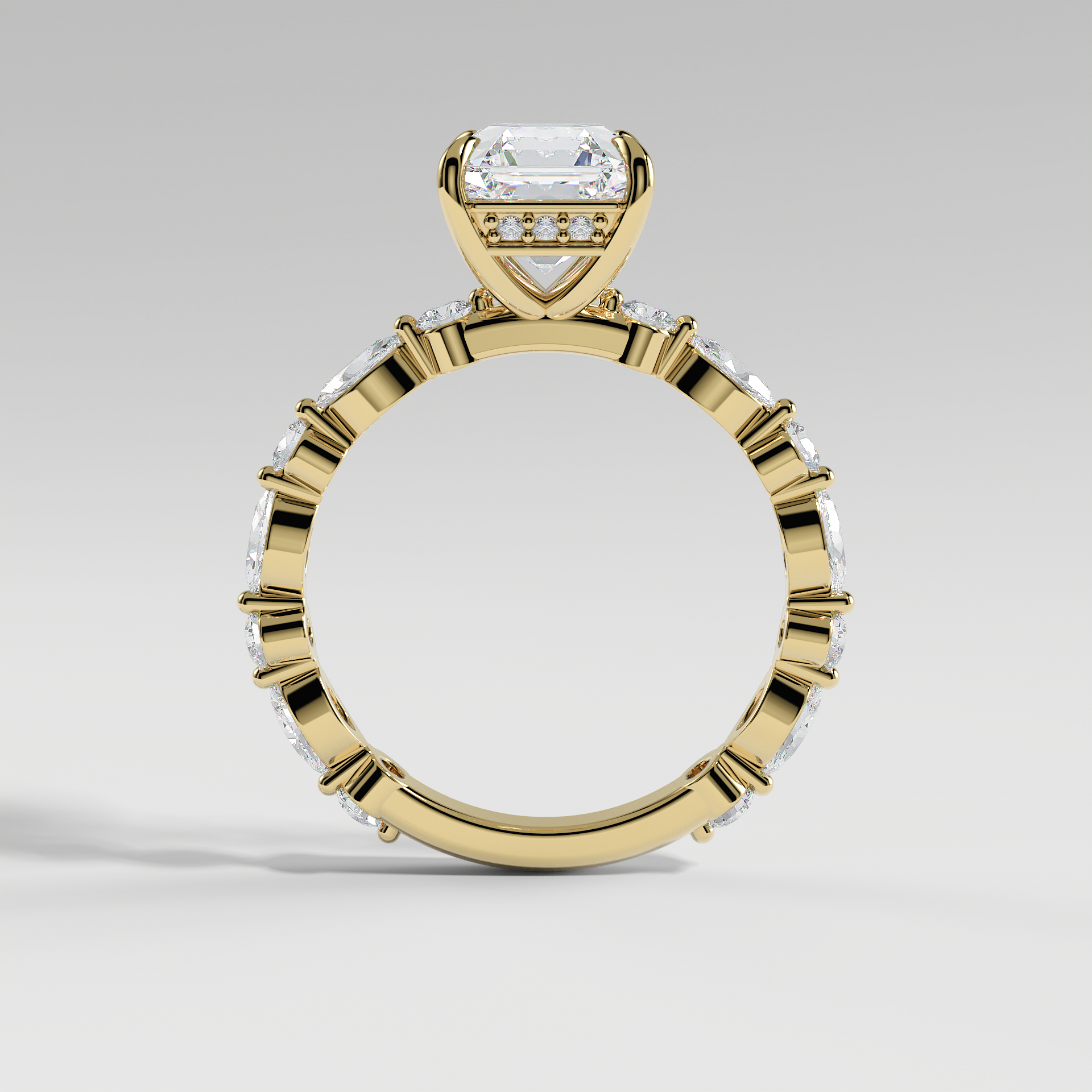 HANNAH - Asscher Solitaire Engagement Ring with Marquise & Round Accent Stones and Hidden Halo