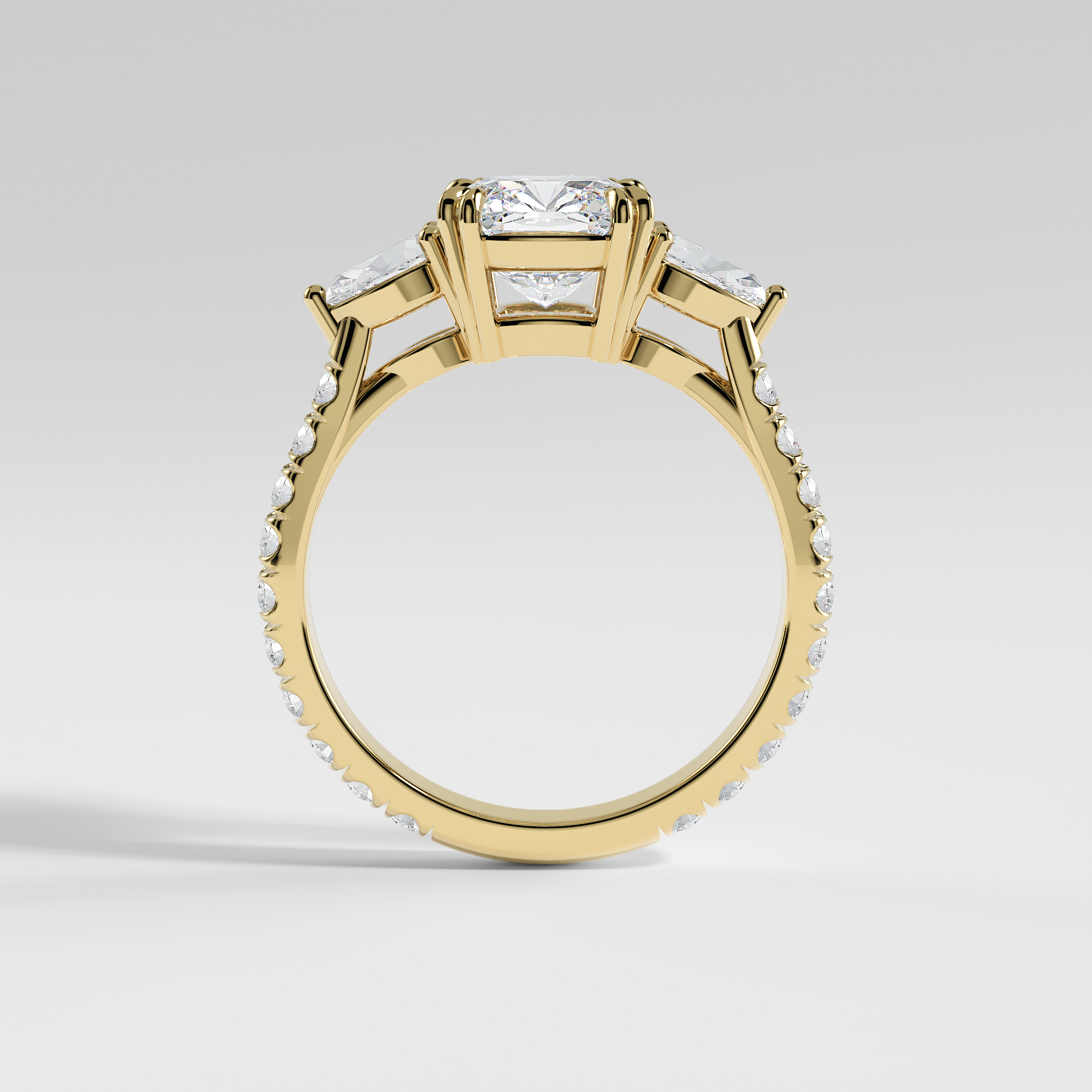 ISLA - Cushion Three-Stone Engagement Ring with Pear Side Stones and Pavé Cathedral Band