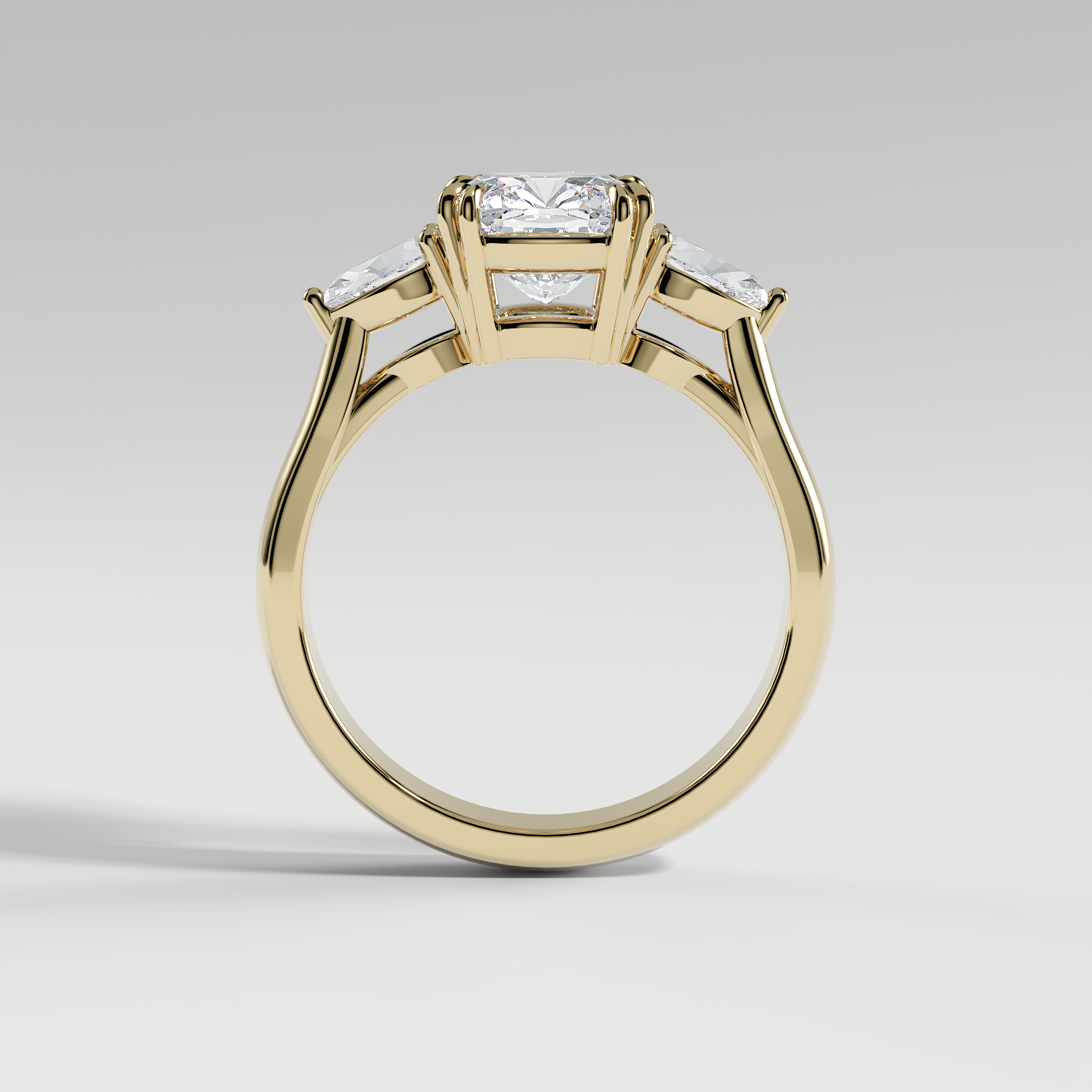 HAZEL - Cushion Three-Stone Engagement Ring with Pear Side Stones and Polished Cathedral Band