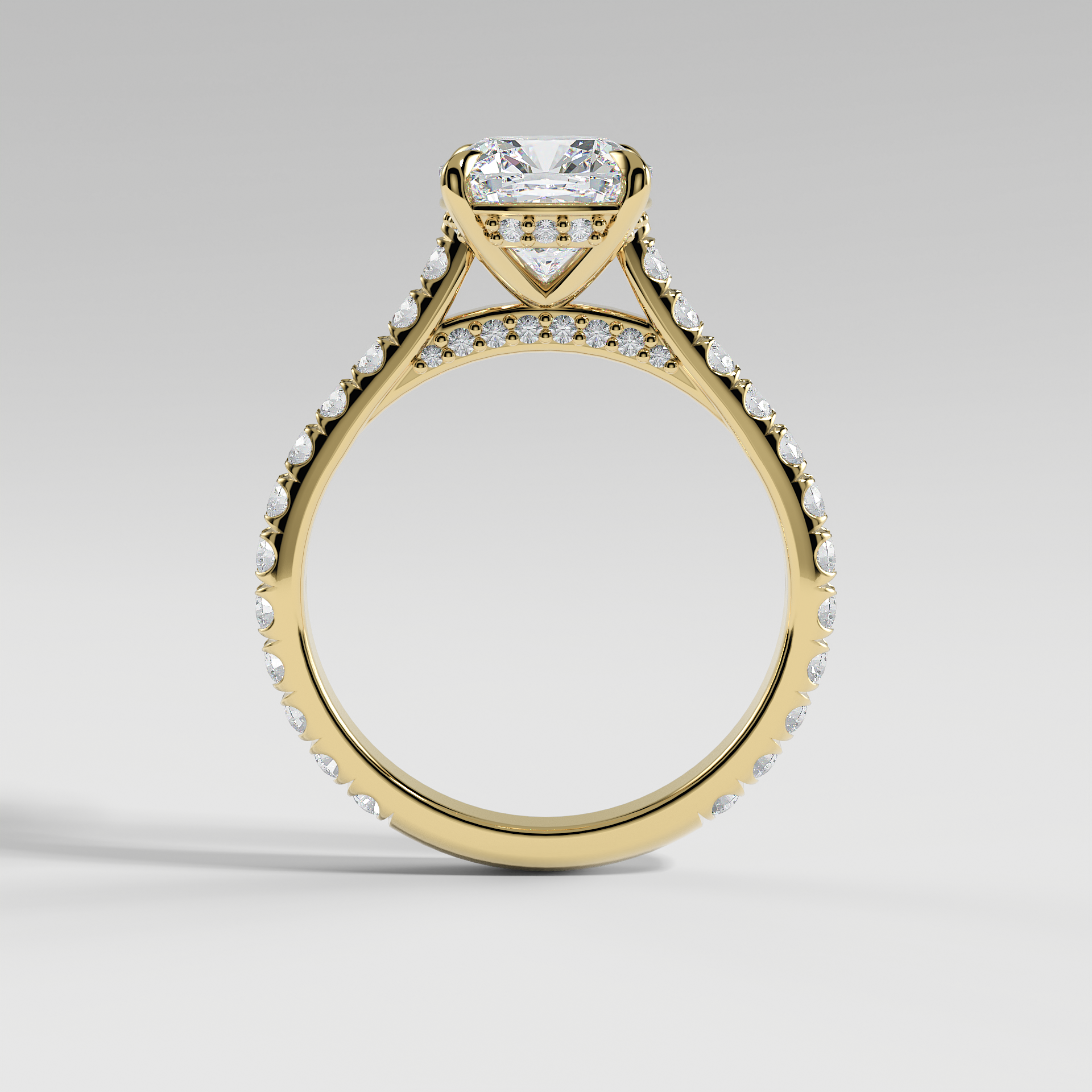 LUCY - Cushion Solitaire Engagement Ring with Pavé, Cathedral Band, Hidden Halo, and Pavé Bridge