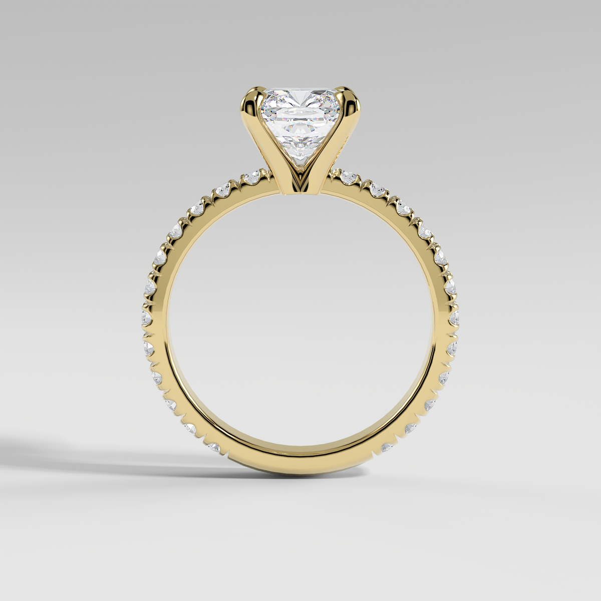 GRACE - Cushion Solitaire Engagement Ring with Pavé Diamond Band and Open Basket Setting