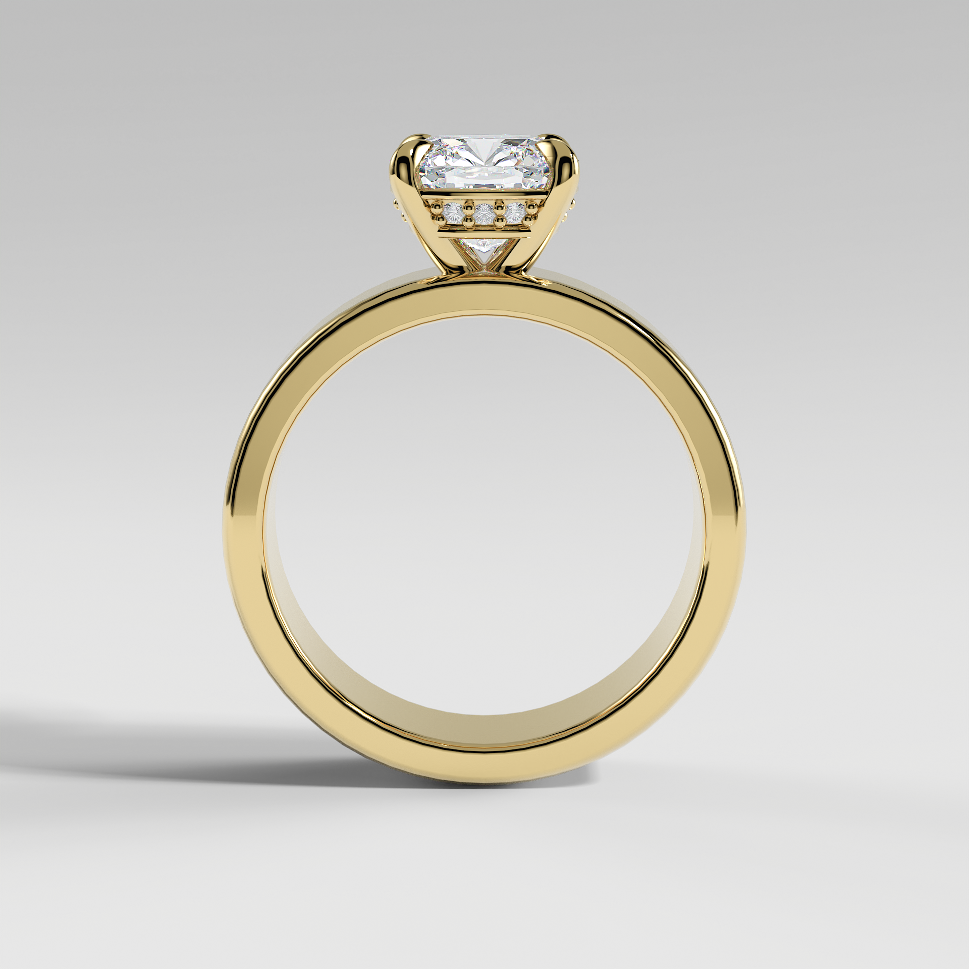 STELLA - Cushion 5mm Flat Solitaire Engagement Ring with Hidden Halo and Polished Band