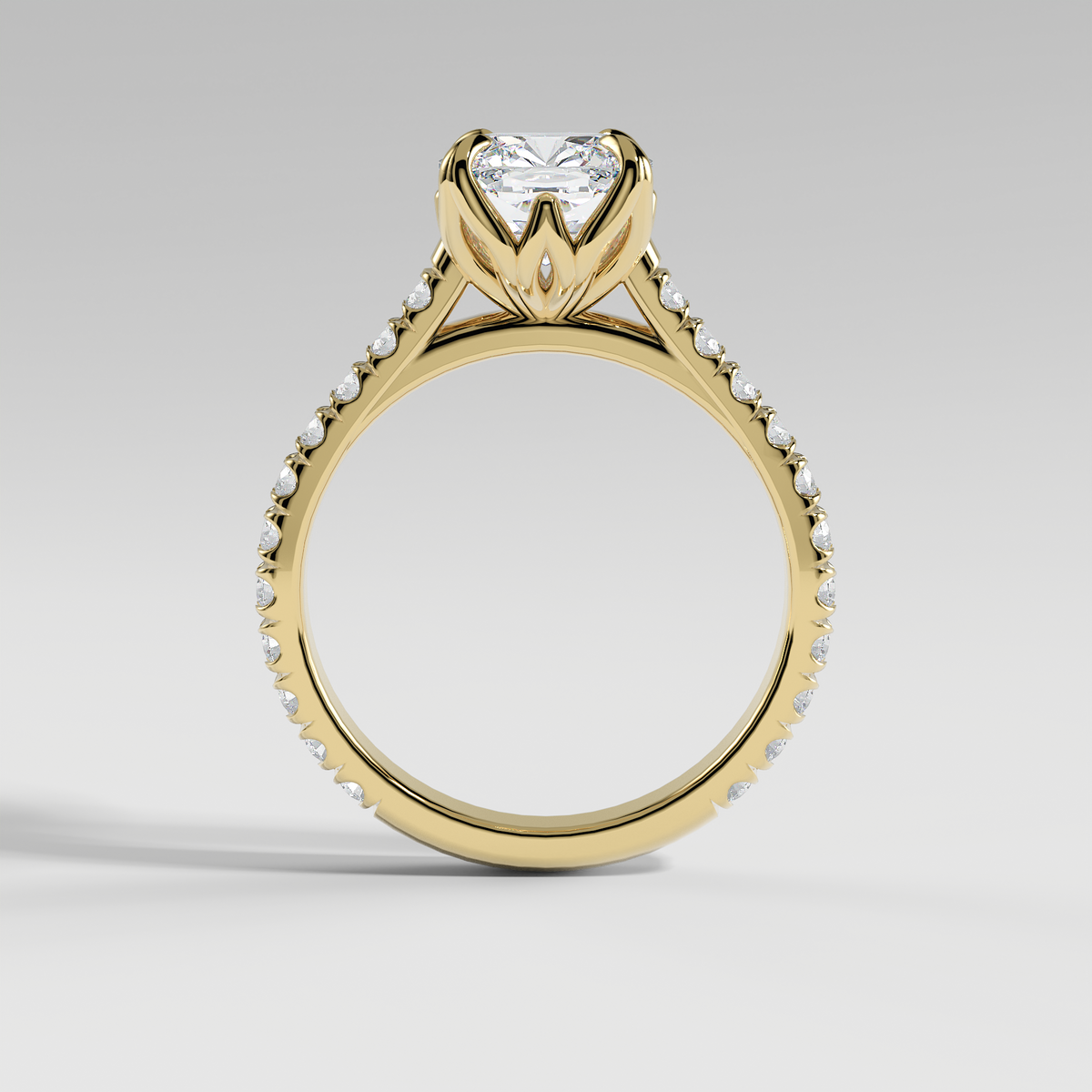VIOLET - Cushion Solitaire Engagement Ring with Pavé Diamond Cathedral Band and Lotus Basket