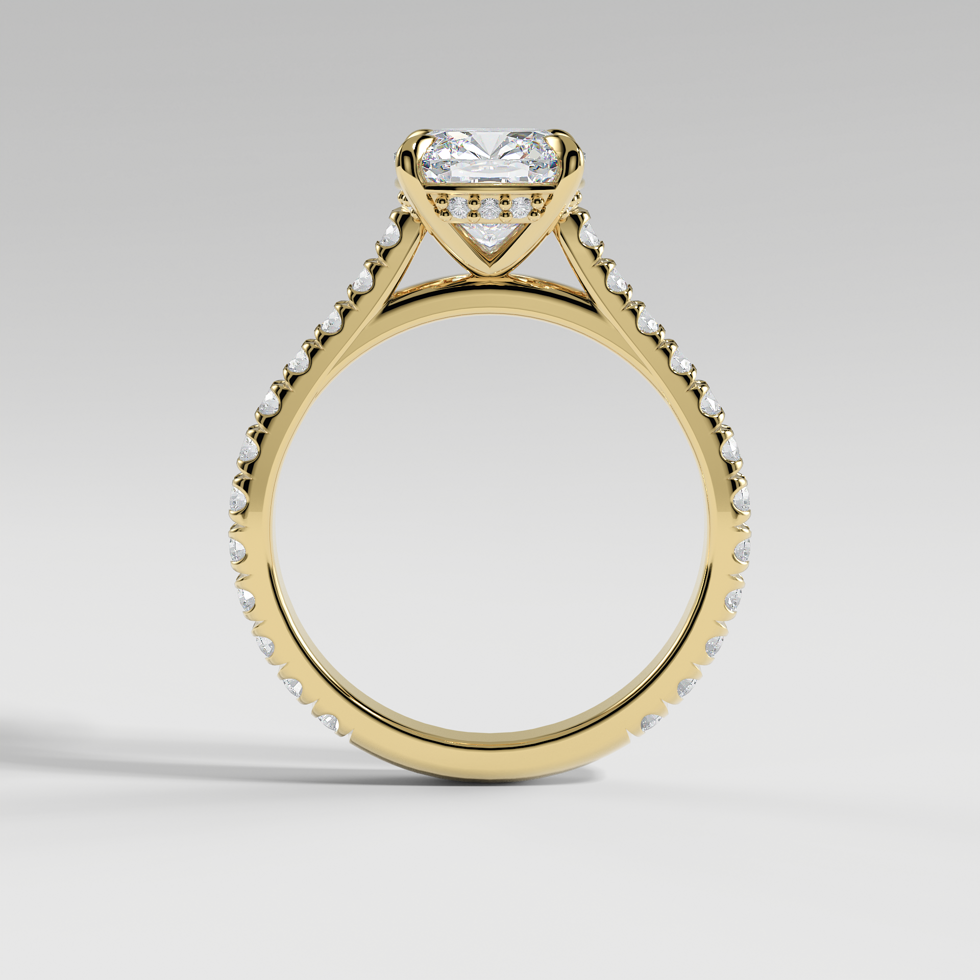 CHARLOTTE - Cushion Solitaire Engagement Ring with Pavé, Cathedral Band, and Hidden Halo