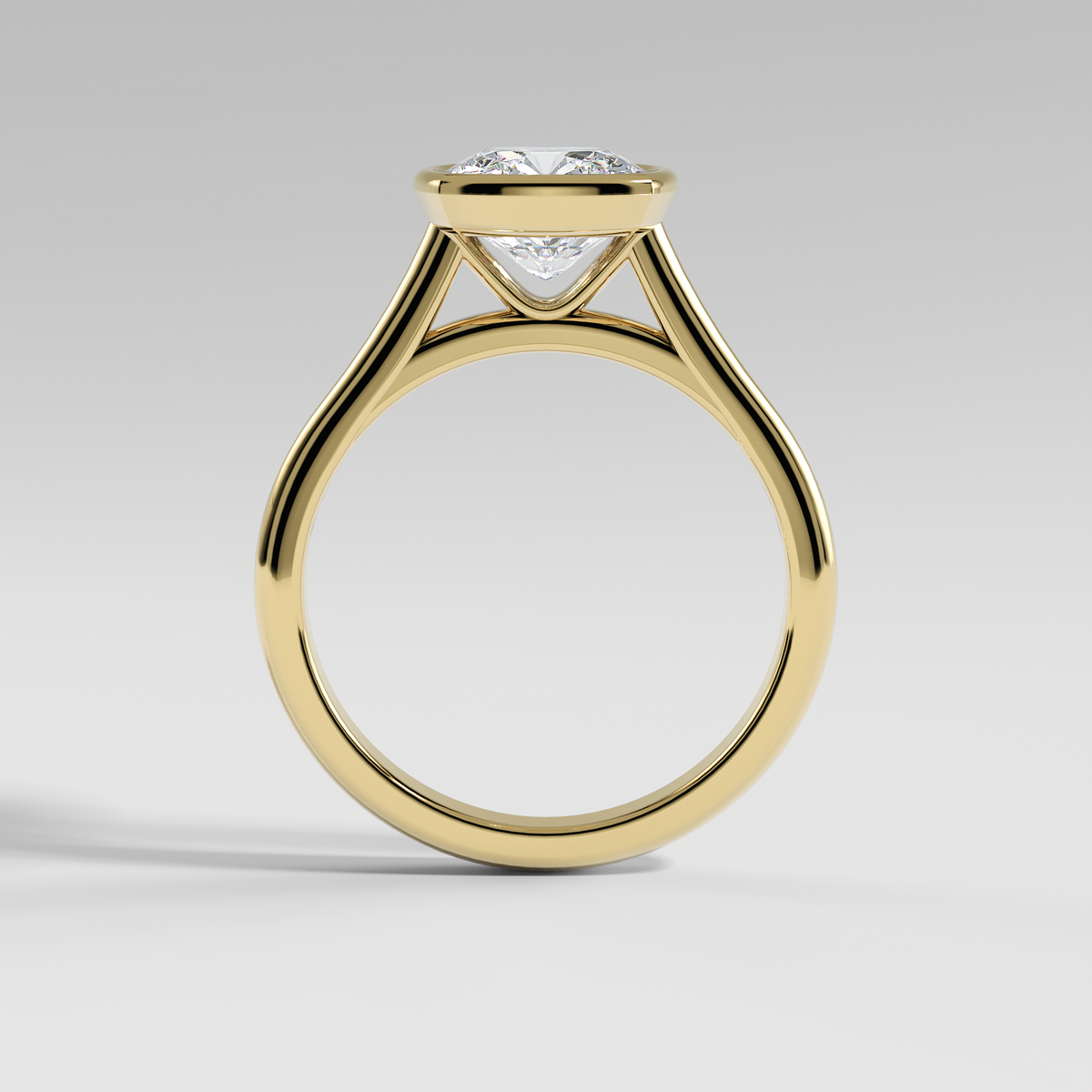 SCARLETT - Cushion Solitaire Engagement Ring with Full Bezel Setting and Polished Cathedral Band