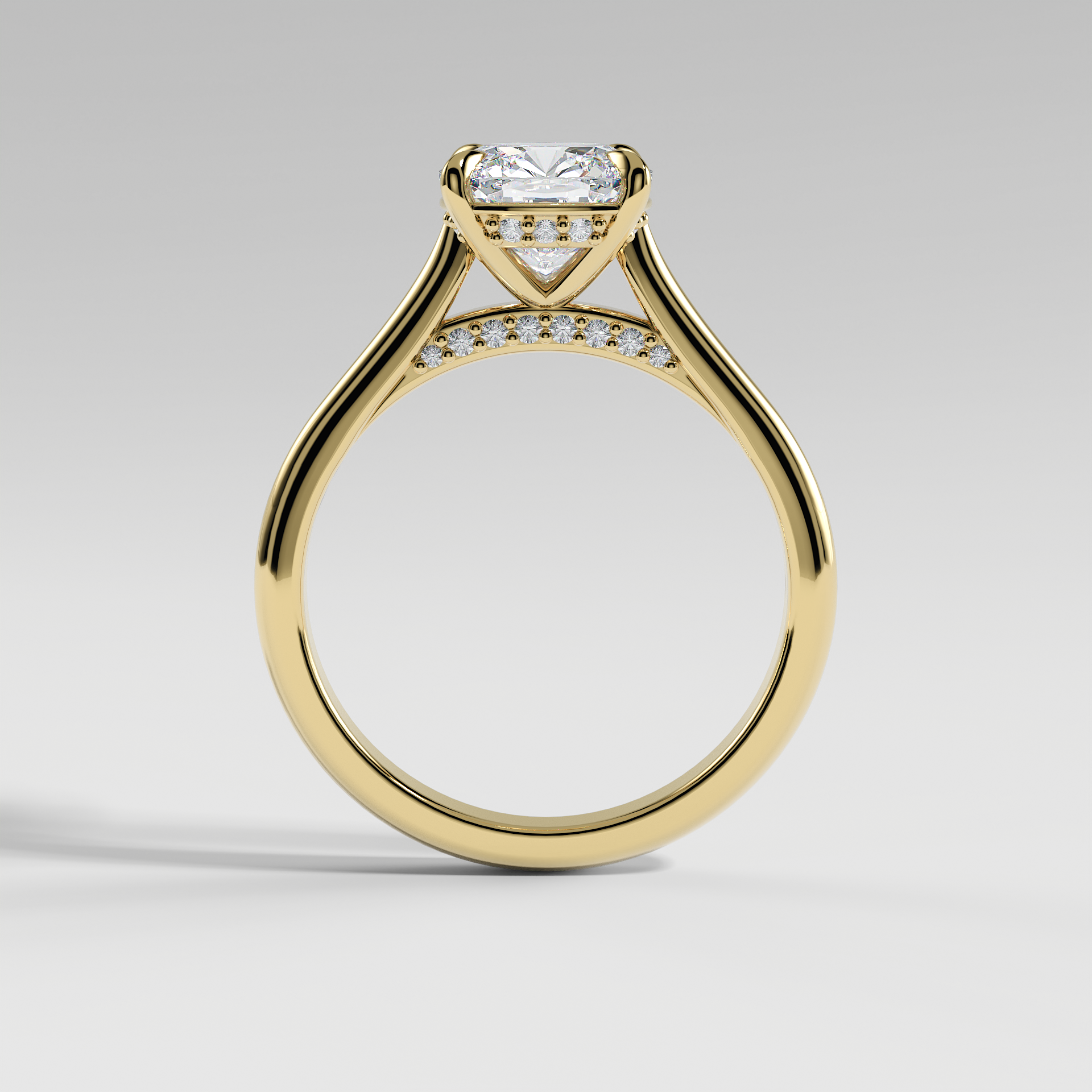 BILLIE - Cushion Solitaire Engagement Ring with Hidden Halo, Polished Cathedral Band, and Pavé Bridge
