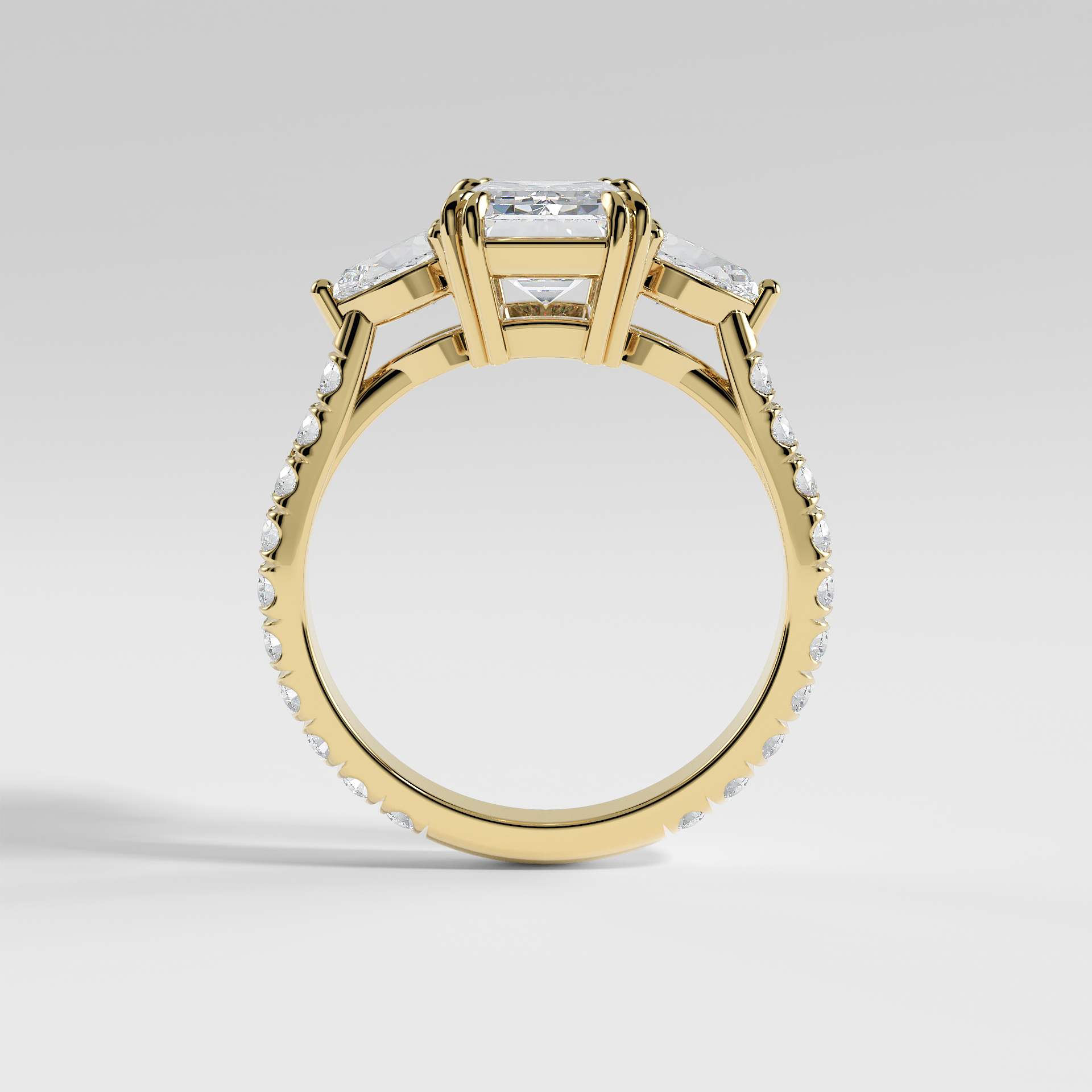 ISLA - Emerald Three-Stone Engagement Ring with Pear Side Stones and Pavé Cathedral Band
