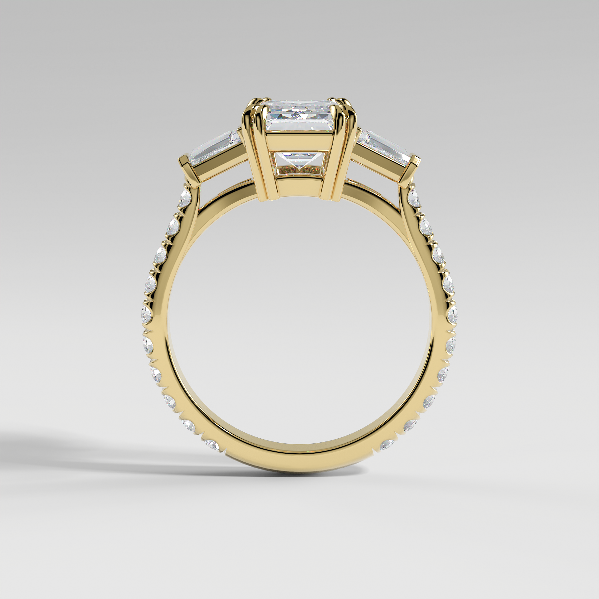 IVY - Emerald Three-Stone Engagement Ring with Tapered Baguette Side Stones and Pavé Cathedral Band