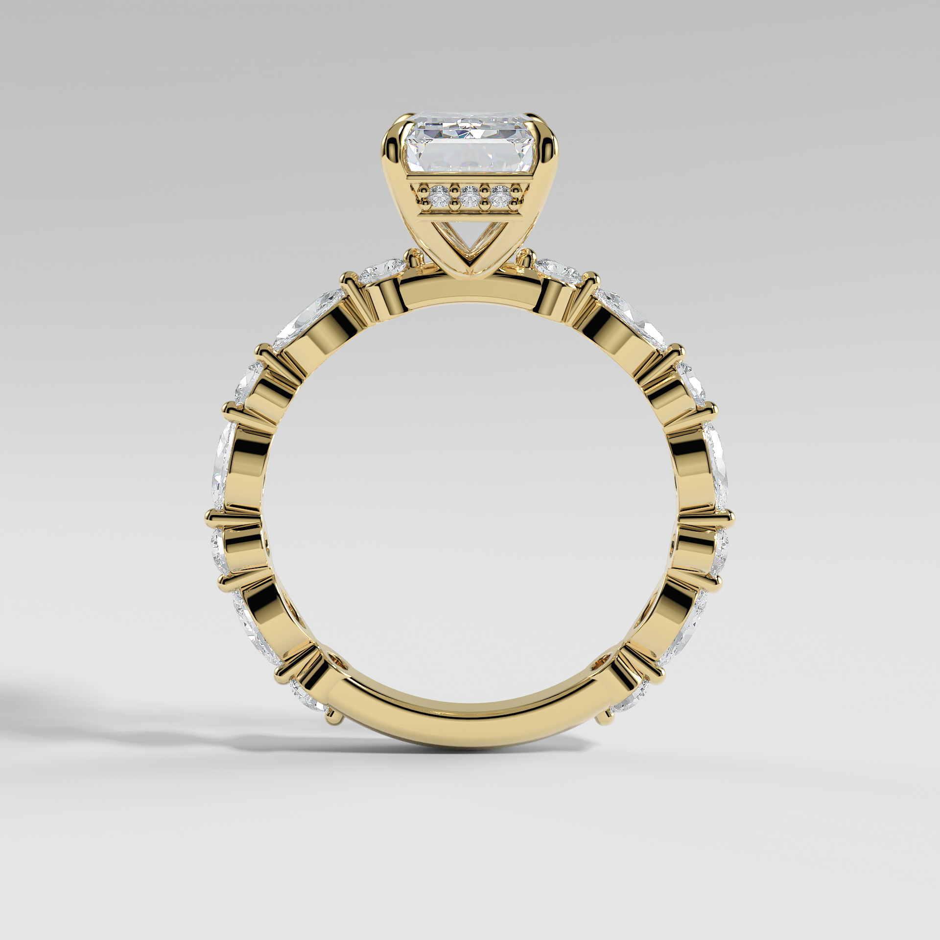 HANNAH - Emerald Solitaire Engagement Ring with Marquise & Round Accent Stones and Hidden Halo