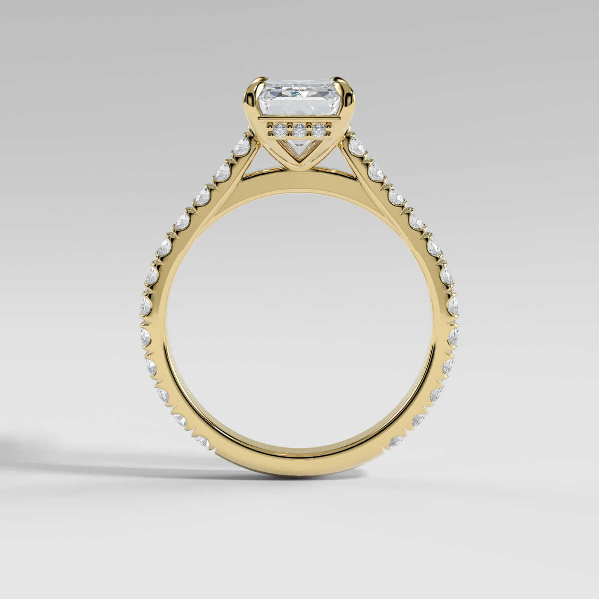 CHARLOTTE - Emerald Solitaire Engagement Ring with Pavé, Cathedral Band, and Hidden Halo