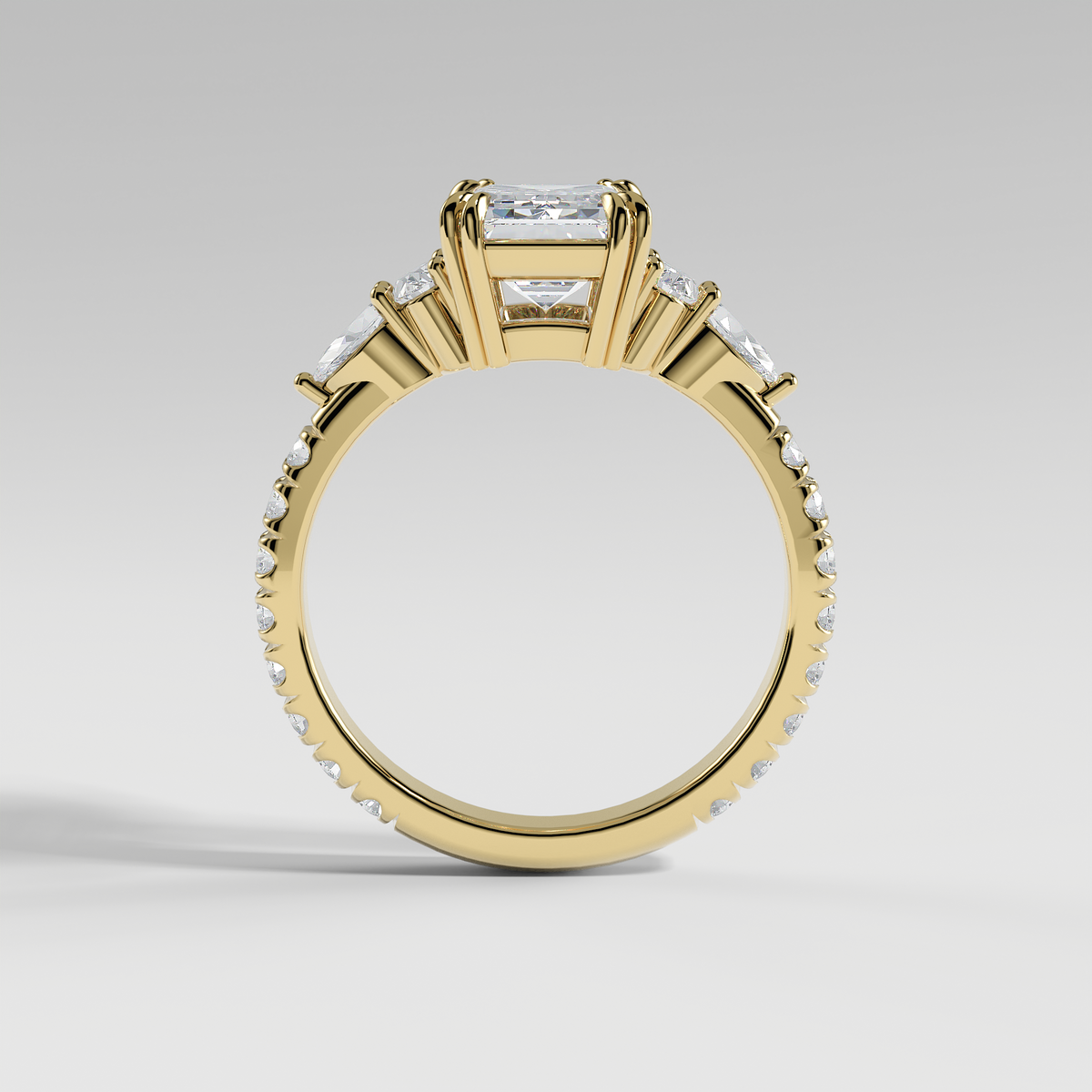 ELEANOR - Emerald Five-Stone Diamond Ring with Oval & Pear Side Stones and Pavé Band