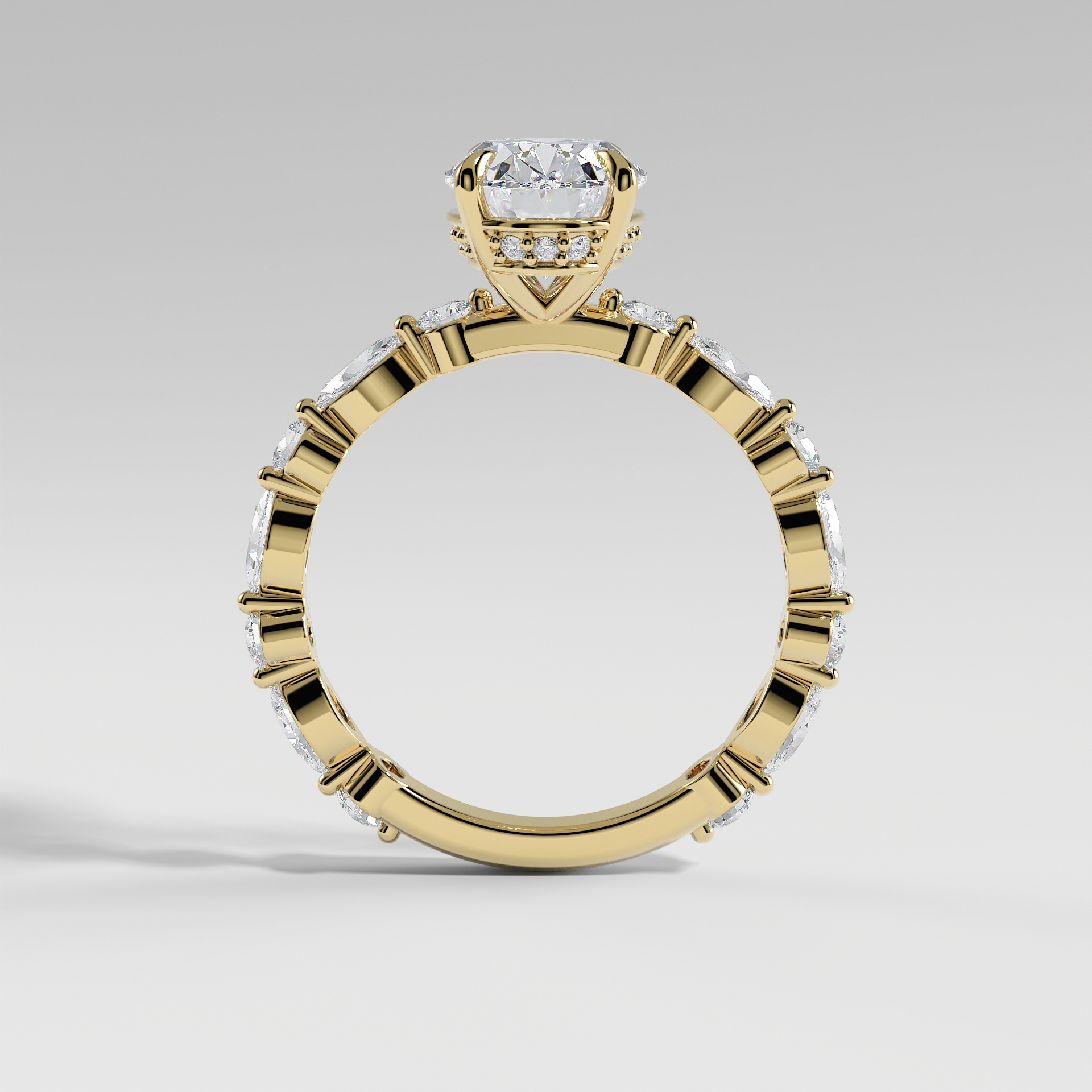 HANNAH - Oval Solitaire Engagement Ring with Marquise & Round Accent Stones and Hidden Halo