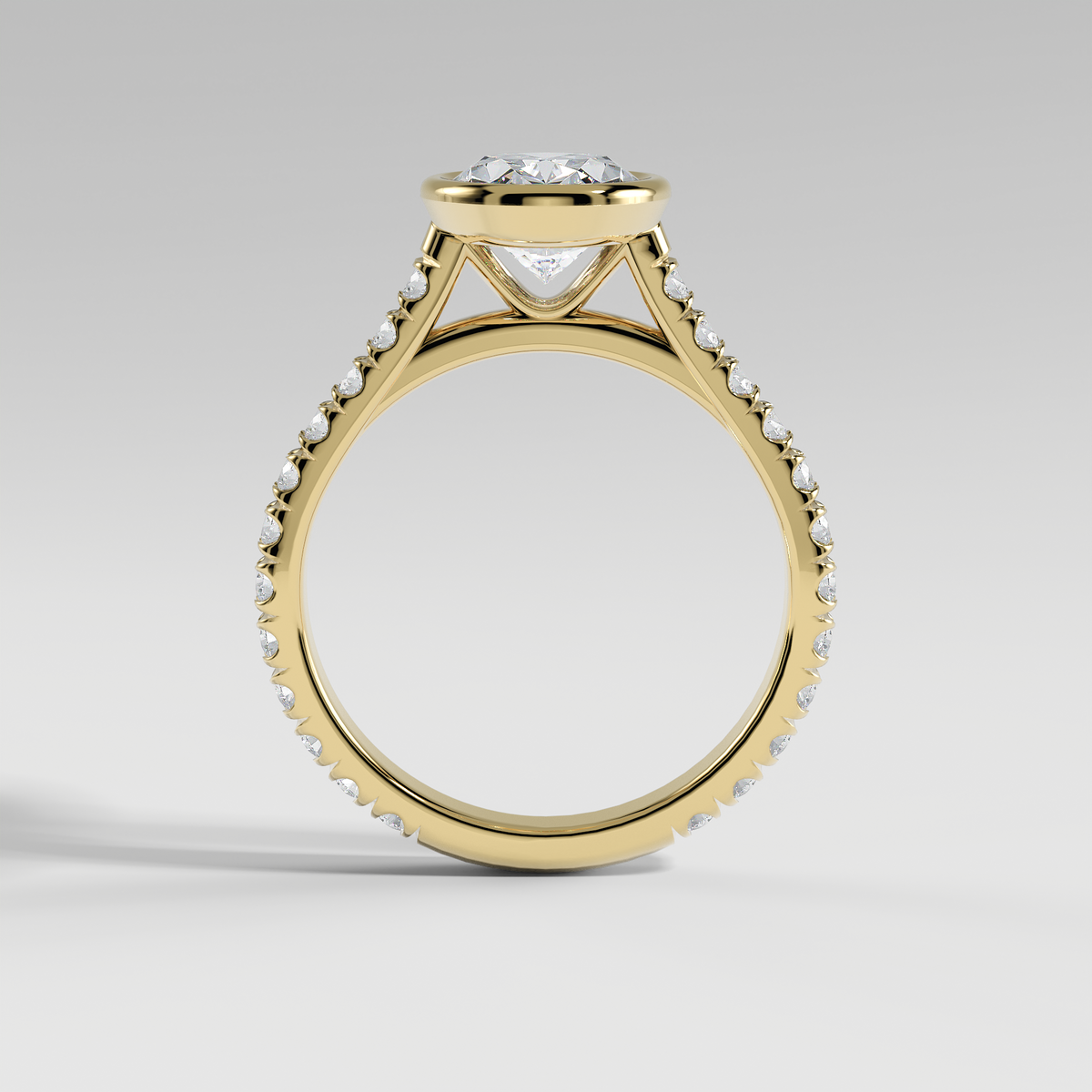 ABIGAIL - Oval Solitaire Engagement Ring with Pavé Diamond Cathedral Band and Full Bezel Setting