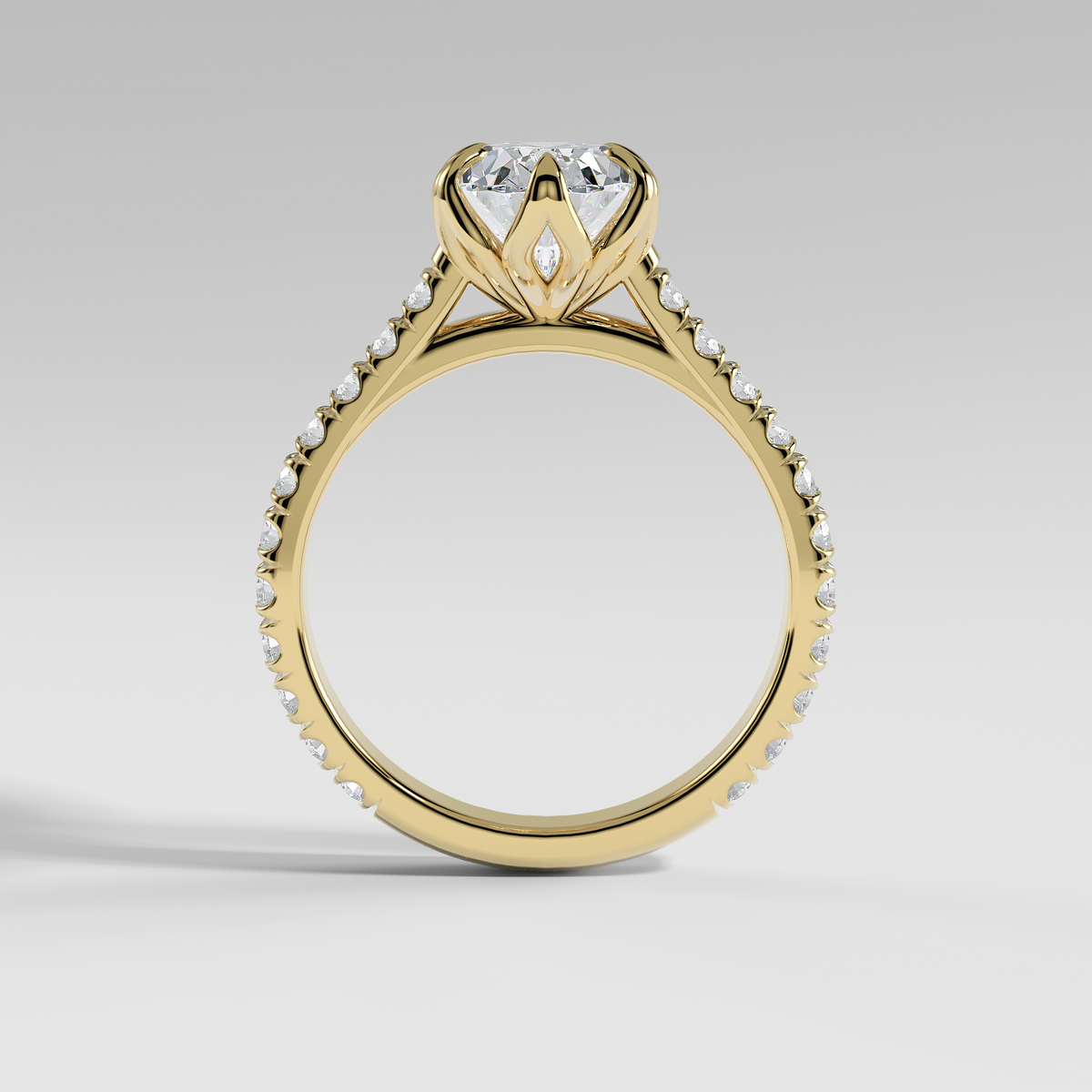 VIOLET - Oval Solitaire Engagement Ring with Pavé Diamond Cathedral Band and Lotus Basket