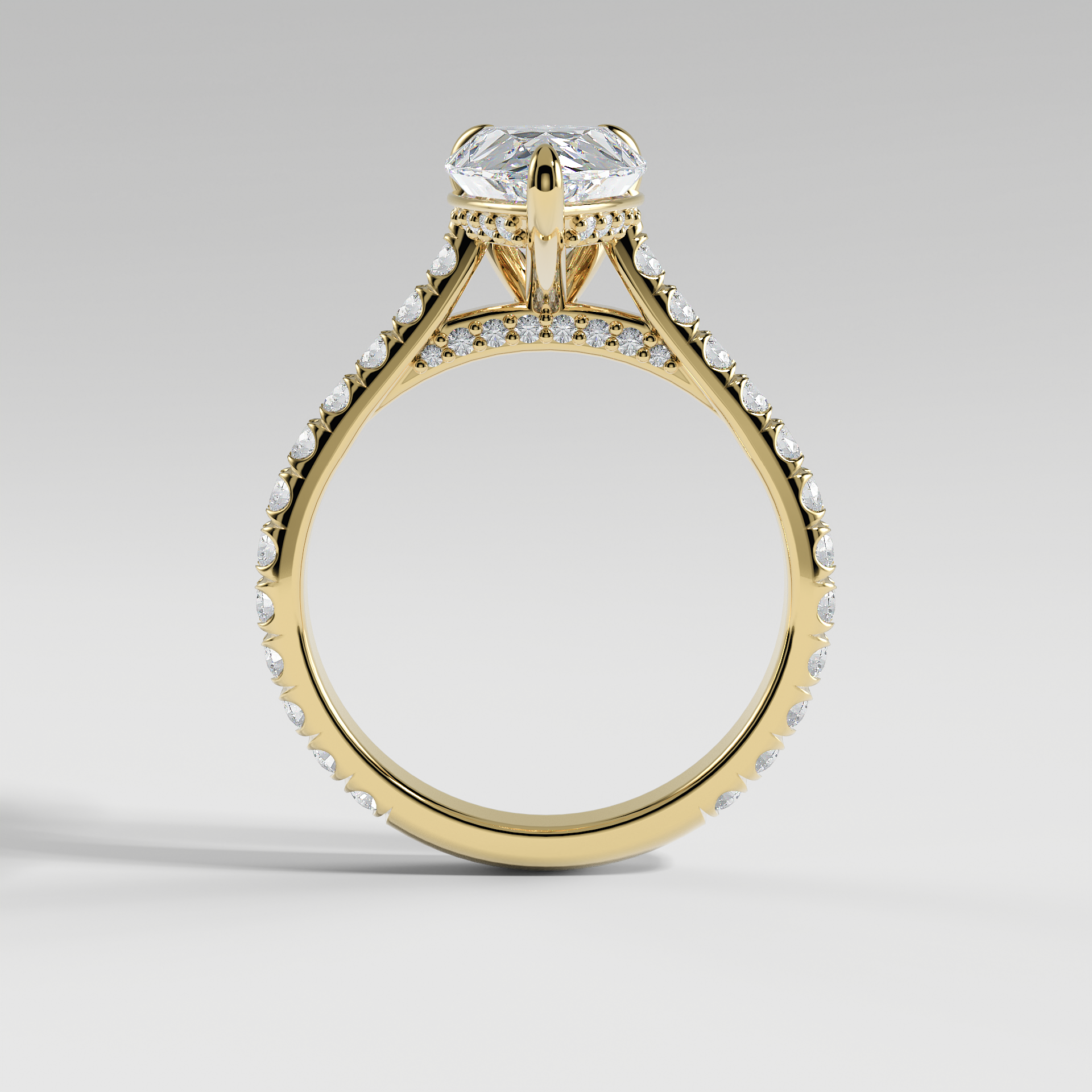 LUCY - Pear Solitaire Engagement Ring with Pavé, Cathedral Band, Hidden Halo, and Pavé Bridge