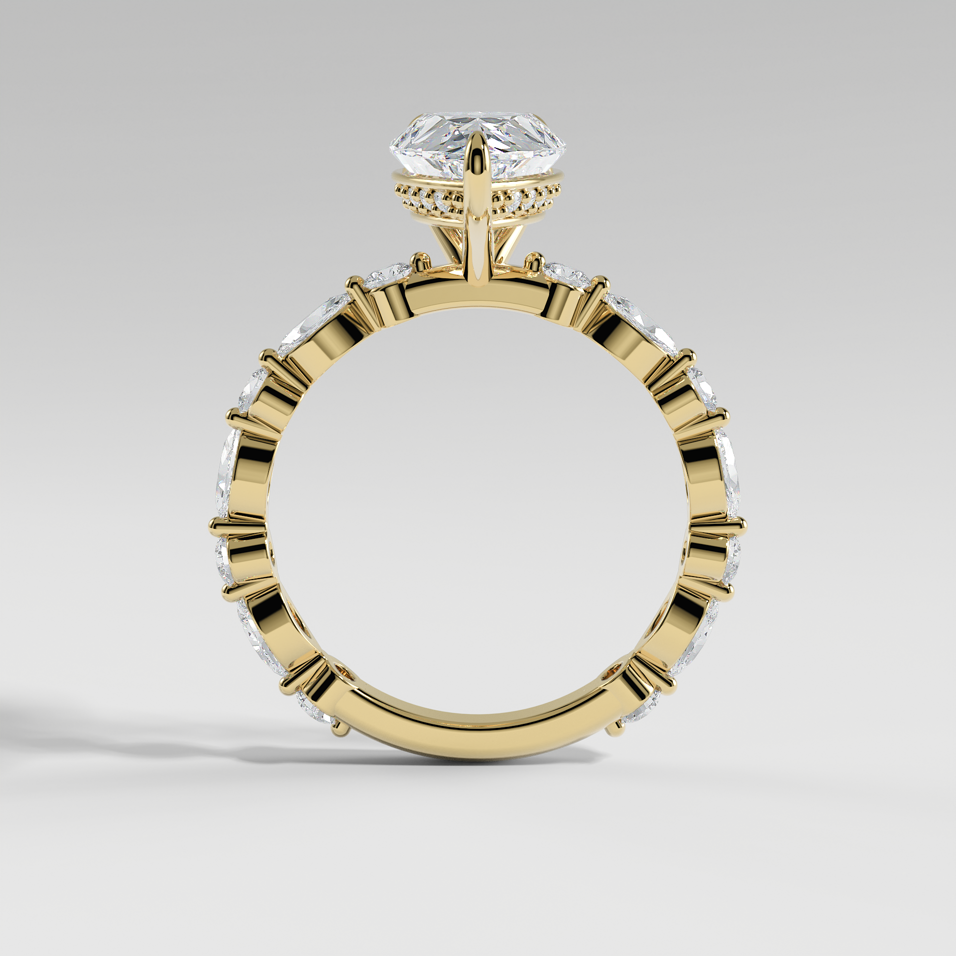HANNAH - Pear Solitaire Engagement Ring with Marquise & Round Accent Stones and Hidden Halo