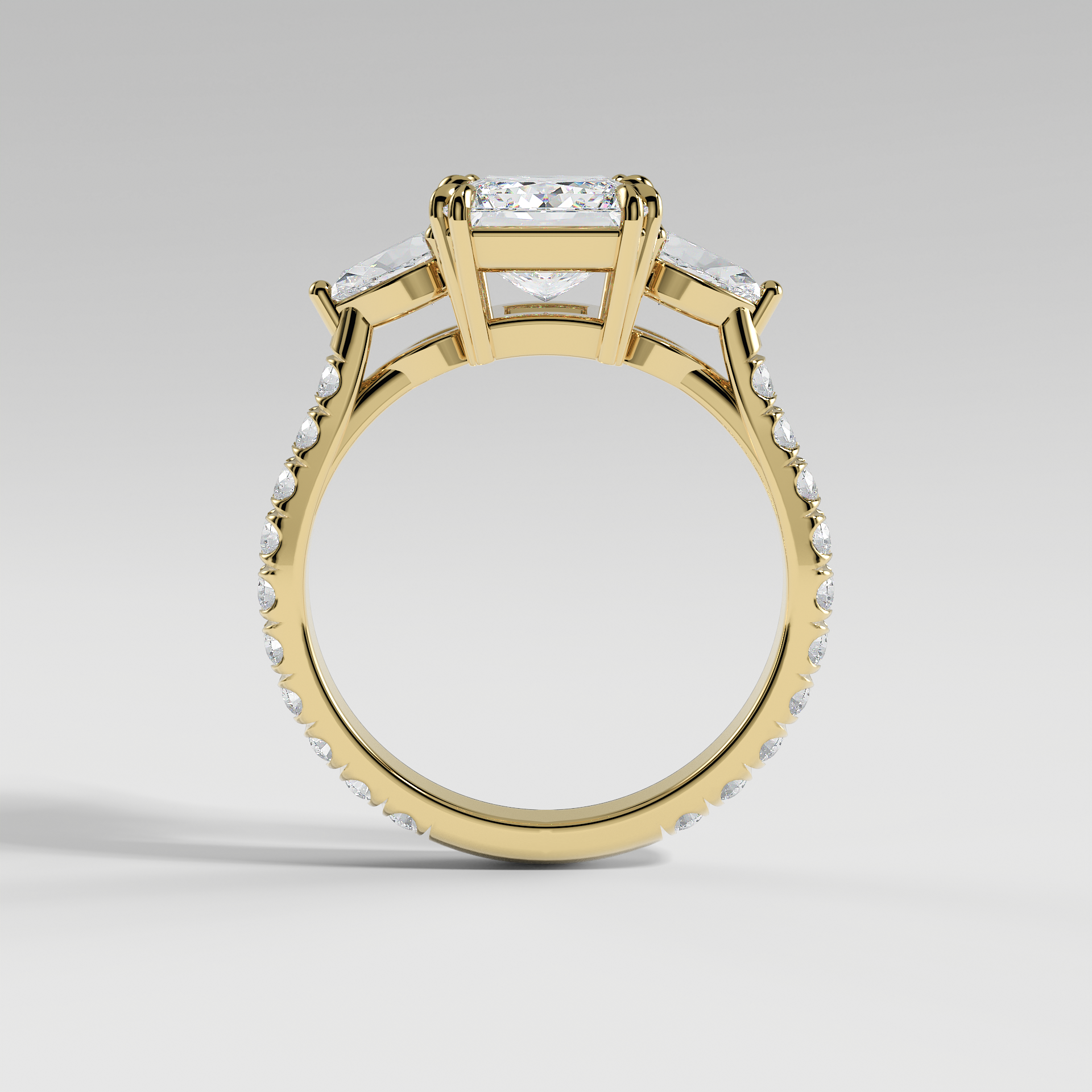 ISLA - Princess Three-Stone Engagement Ring with Pear Side Stones and Pavé Cathedral Band