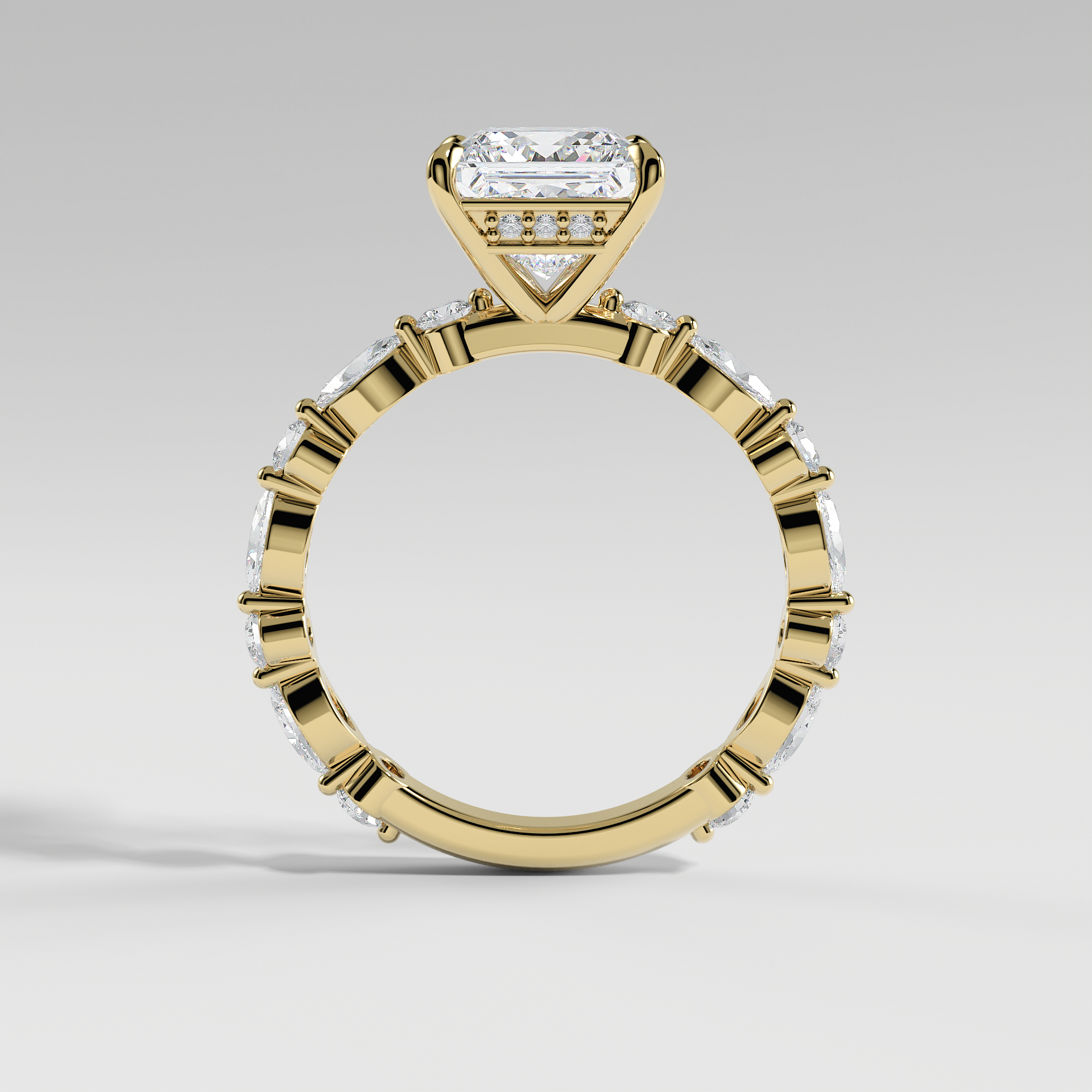 HANNAH - Princess Solitaire Engagement Ring with Marquise & Round Accent Stones and Hidden Halo
