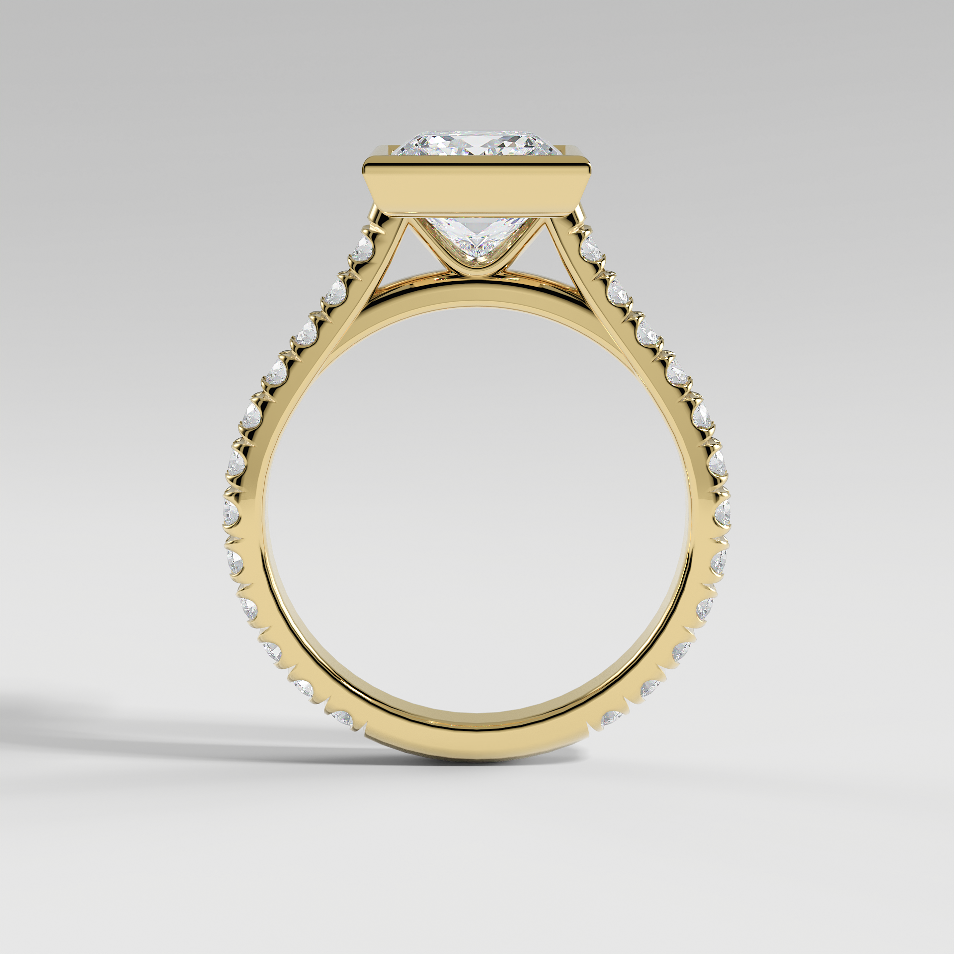 ABIGAIL - Princess Solitaire Engagement Ring with Pavé Diamond Cathedral Band and Full Bezel Setting