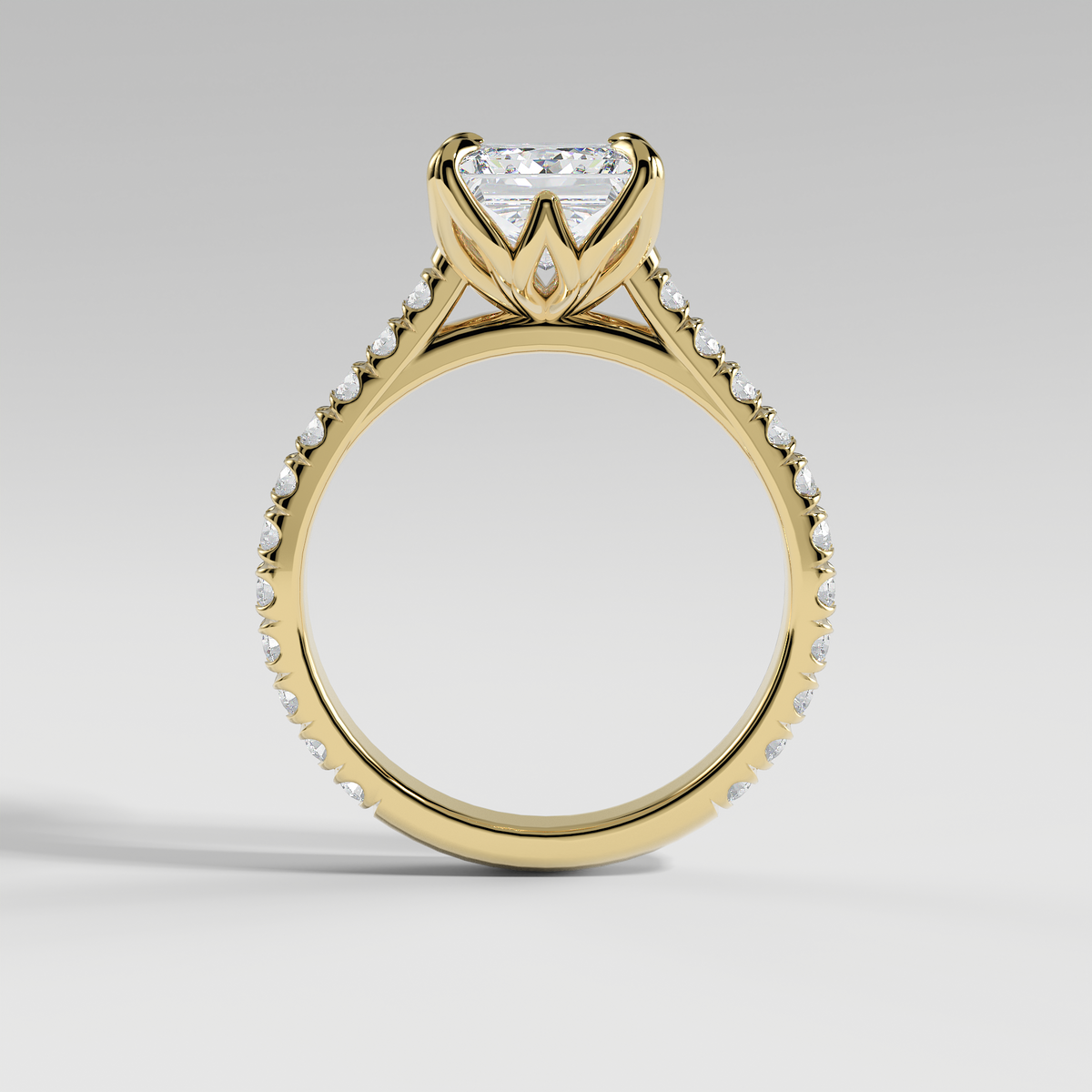 VIOLET - Princess Solitaire Engagement Ring with Pavé Diamond Cathedral Band and Lotus Basket