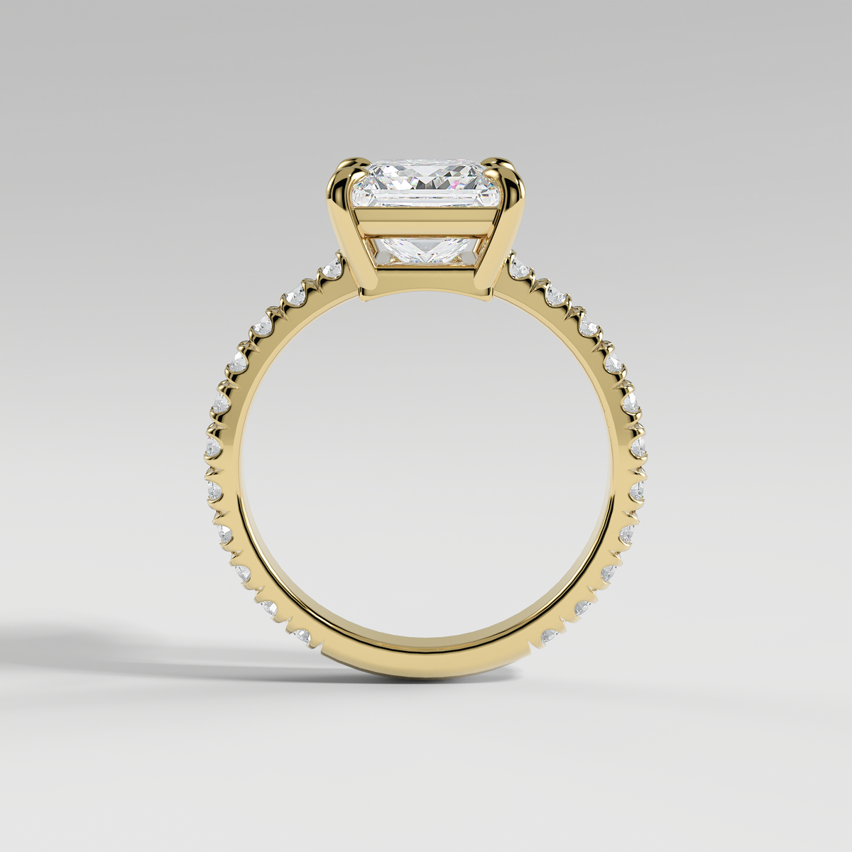 DELILAH - Princess Solitaire Engagement Ring with Pavé Diamond Band and Low-Set Donut Basket