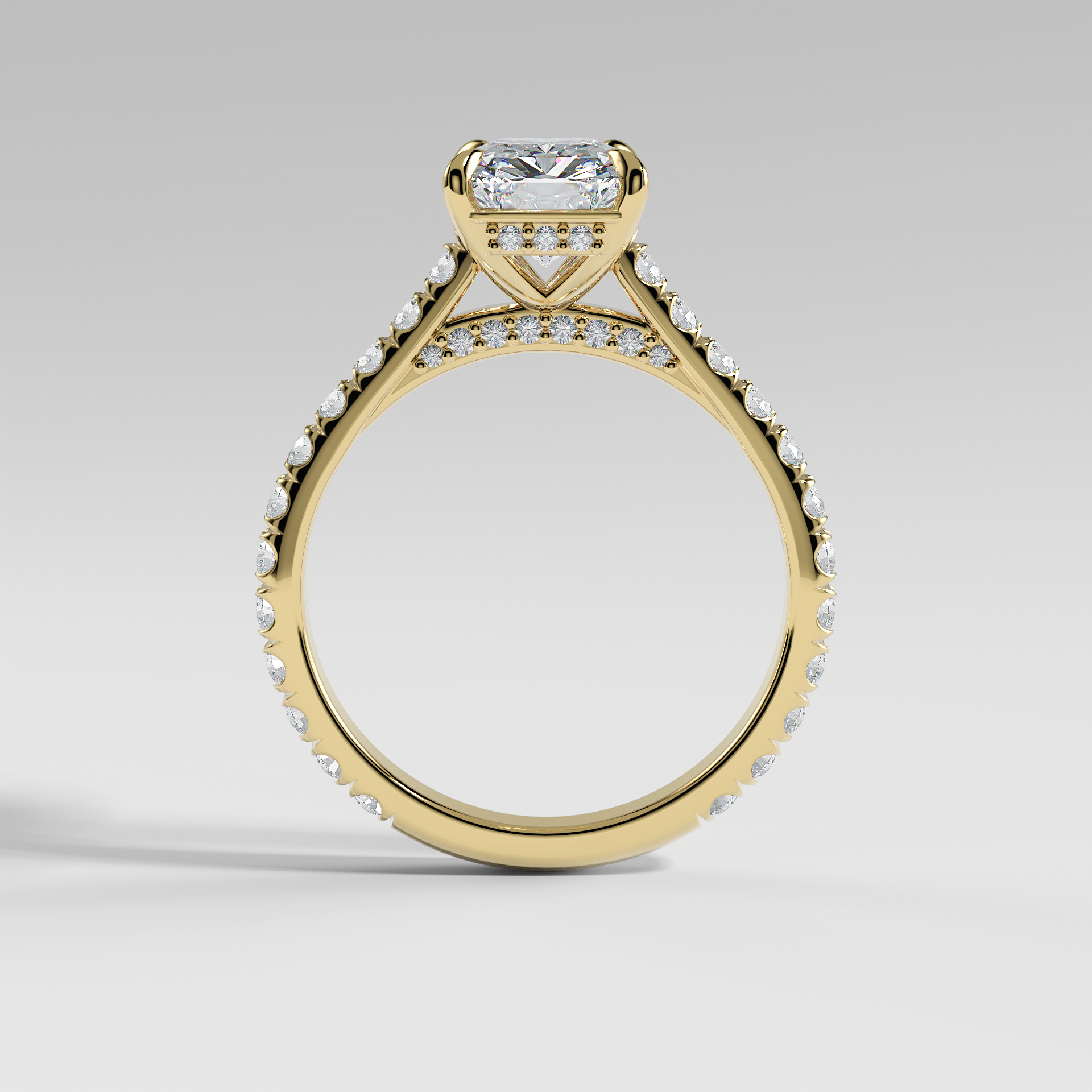 LUCY - Radiant Solitaire Engagement Ring with Pavé, Cathedral Band, Hidden Halo, and Pavé Bridge