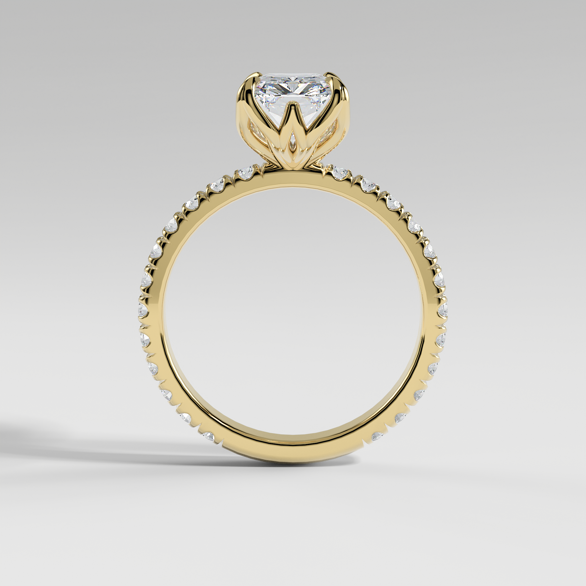 HAILEY - Radiant Solitaire Engagement Ring with Pavé Diamond Band and Lotus Basket