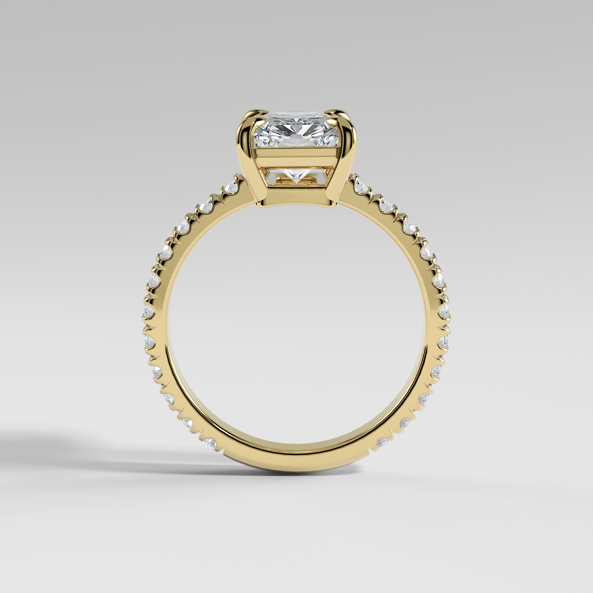 DELILAH - Radiant Solitaire Engagement Ring with Pavé Diamond Band and Low-Set Donut Basket