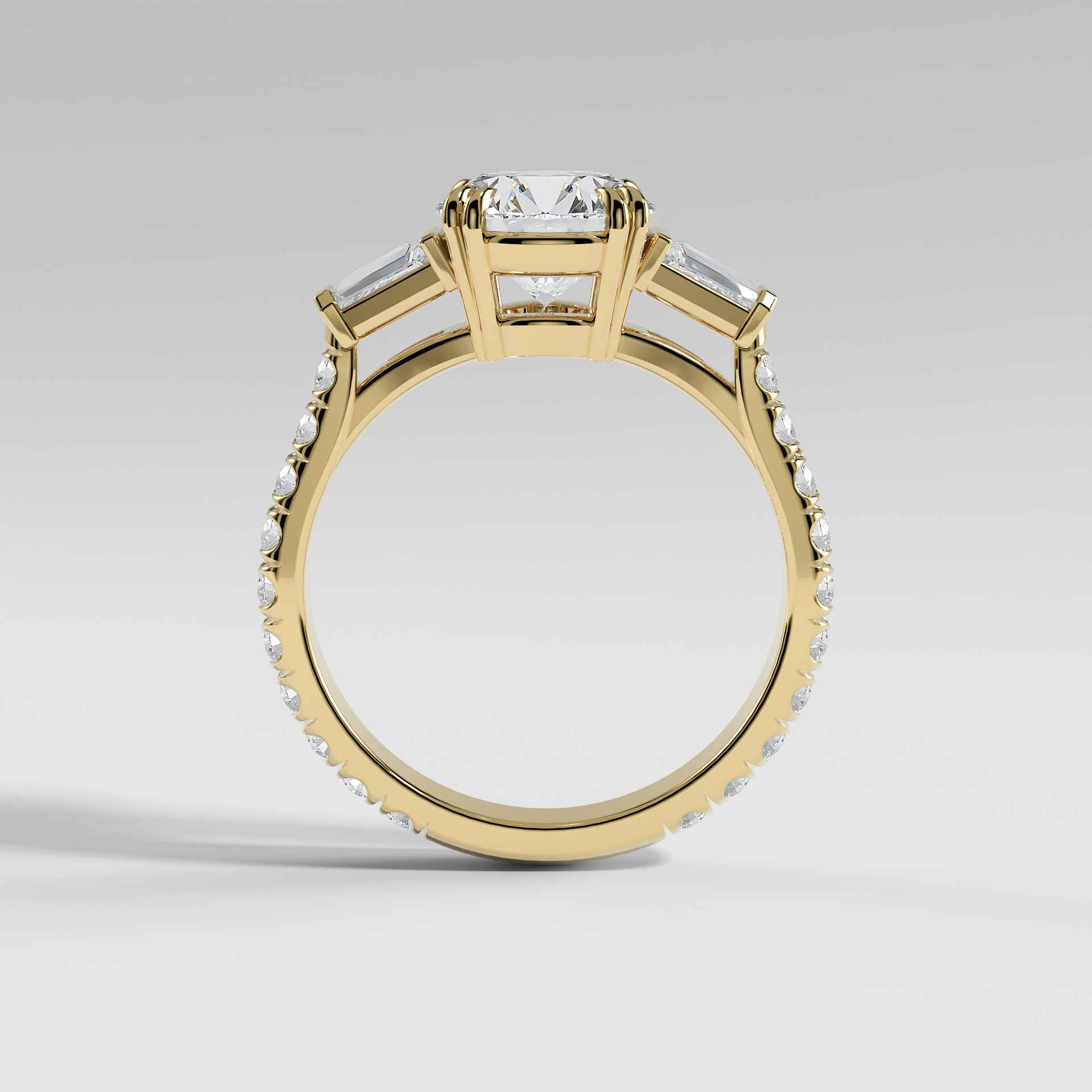 IVY - Round Three-Stone Engagement Ring with Tapered Baguette Side Stones and Pavé Cathedral Band