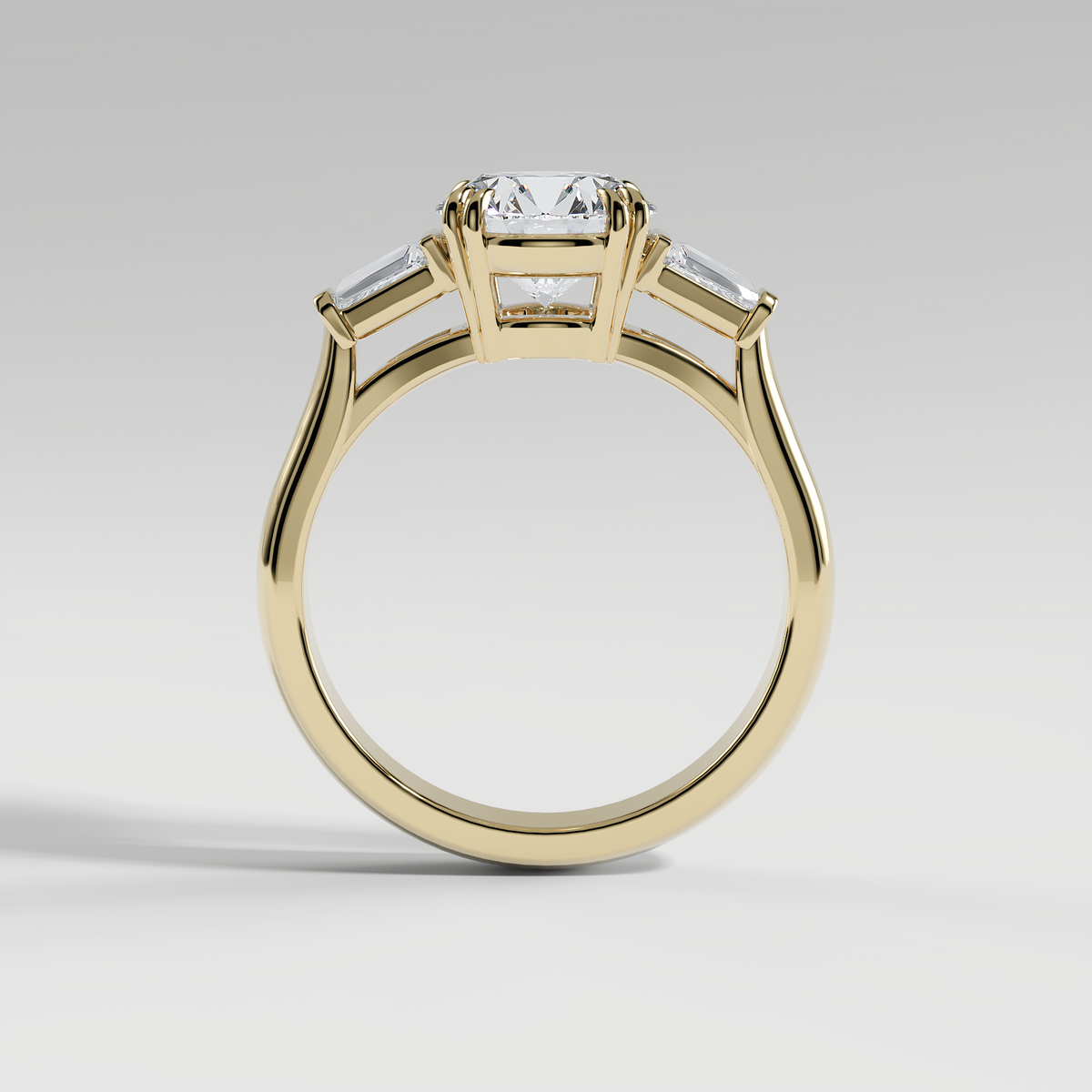 LILY - Round Three-Stone Engagement Ring with Tapered Baguette Side Stones and Polished Cathedral Band