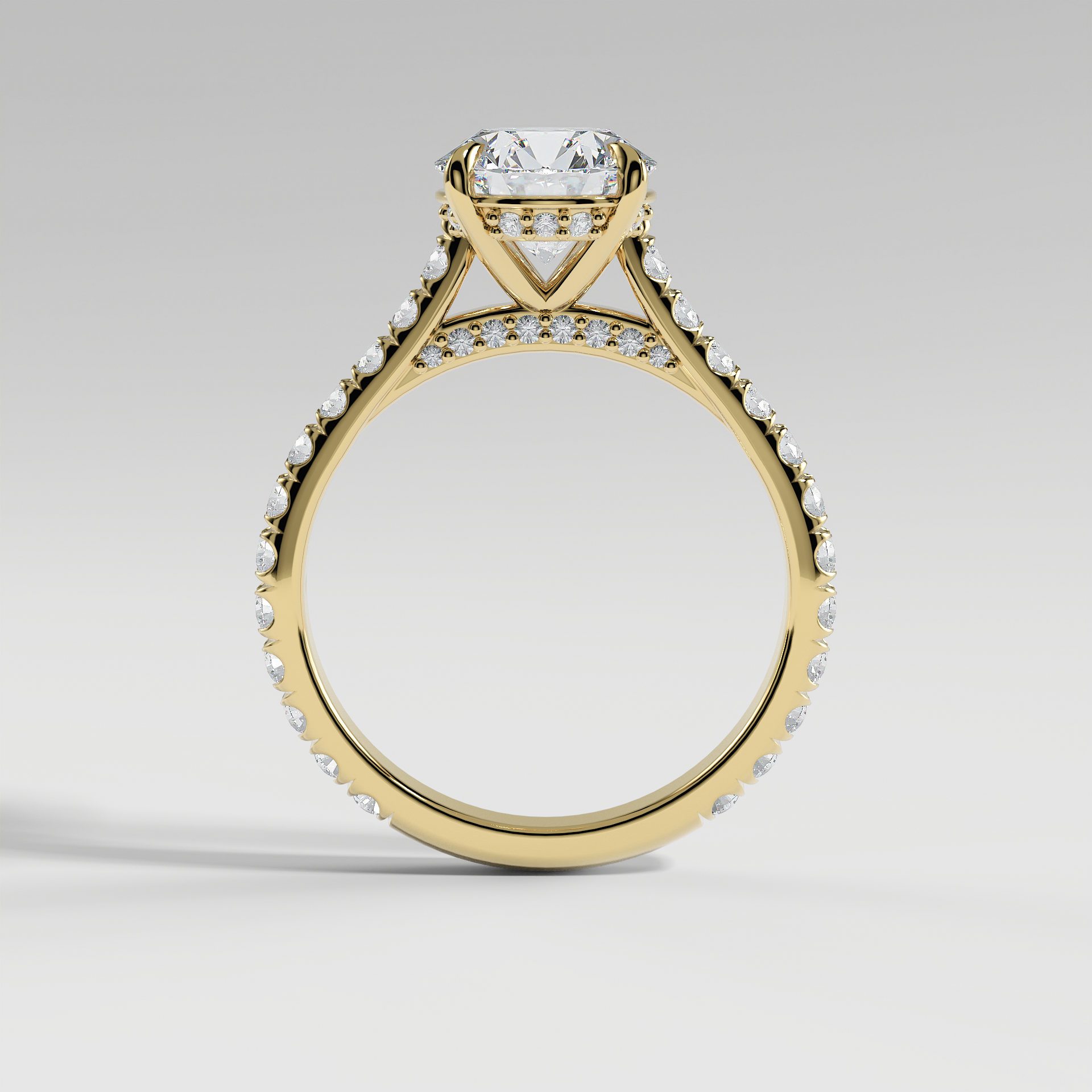 LUCY - Round Solitaire Engagement Ring with Pavé, Cathedral Band, Hidden Halo, and Pavé Bridge