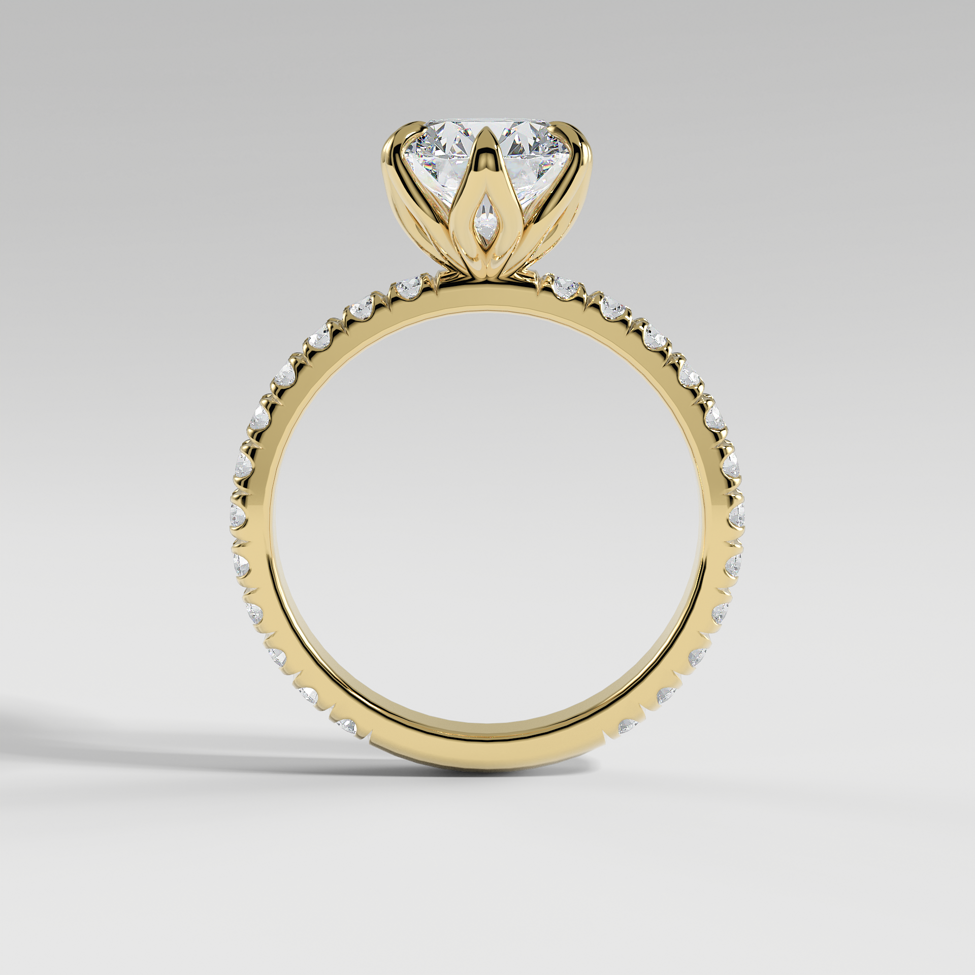 HAILEY - Round Solitaire Engagement Ring with Pavé Diamond Band and Lotus Basket
