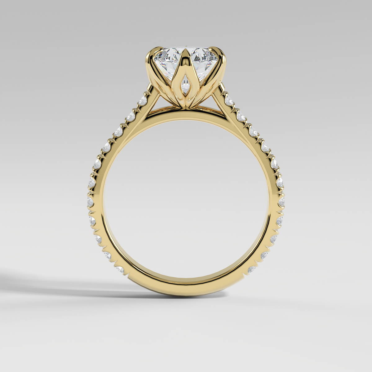 VIOLET - Round Solitaire Engagement Ring with Pavé Diamond Cathedral Band and Lotus Basket