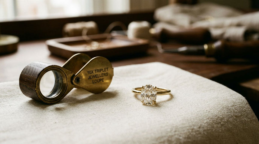 2 carat oval lab-grown diamond solitaire engagement ring in 18k yellow gold beside a jeweller's loupe
