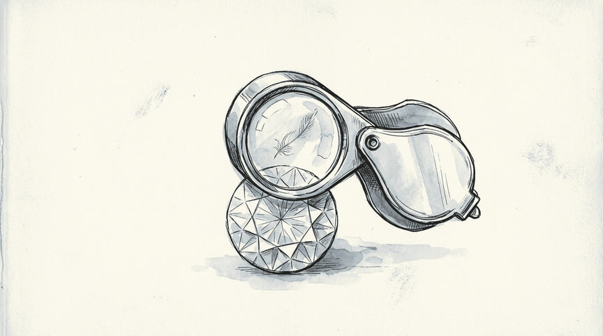 Watercolour illustration of a jeweller's loupe over a round brilliant diamond, revealing a feather inside the lens