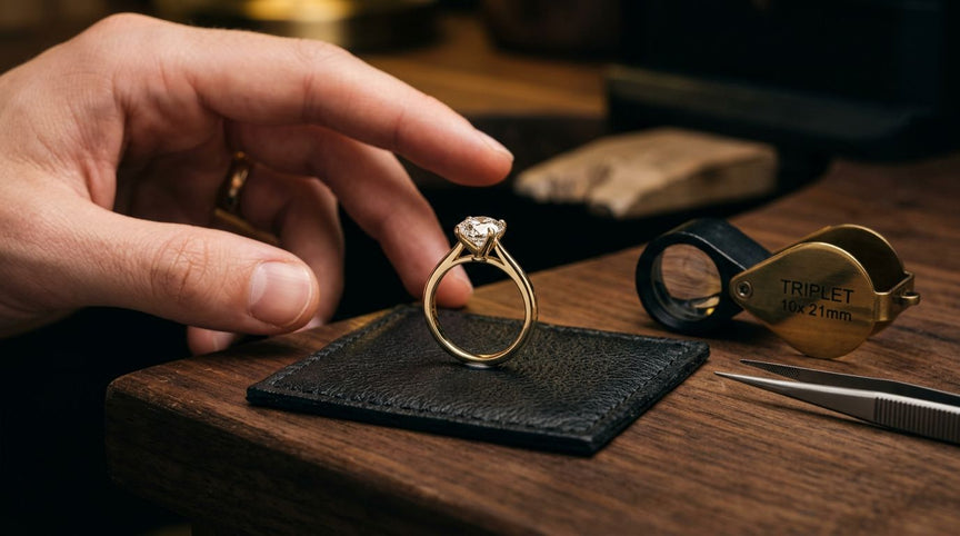 Yellow gold solitaire engagement ring being examined during a jewelry appraisal