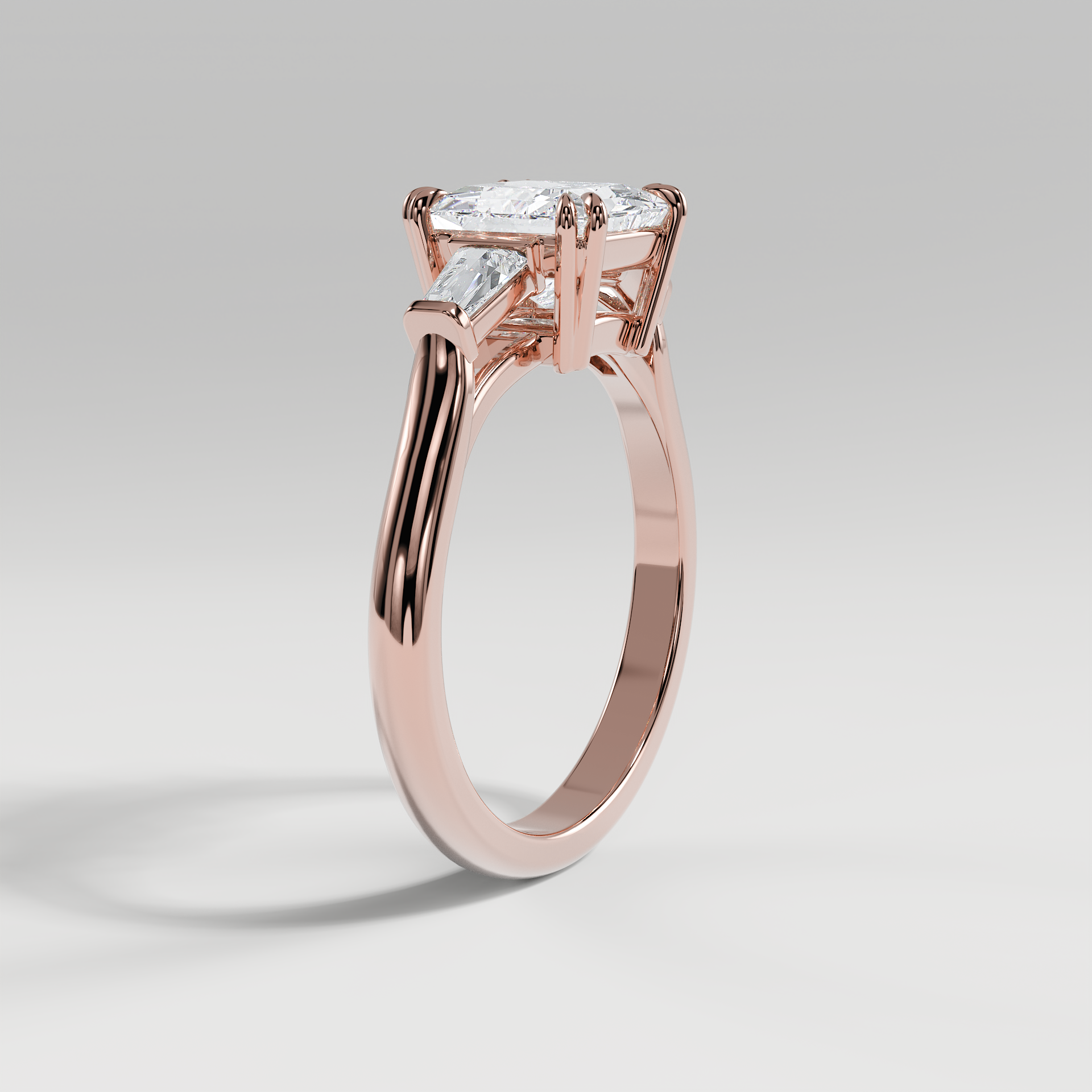 LILY - Princess Three-Stone Engagement Ring with Tapered Baguette Side Stones and Polished Cathedral Band