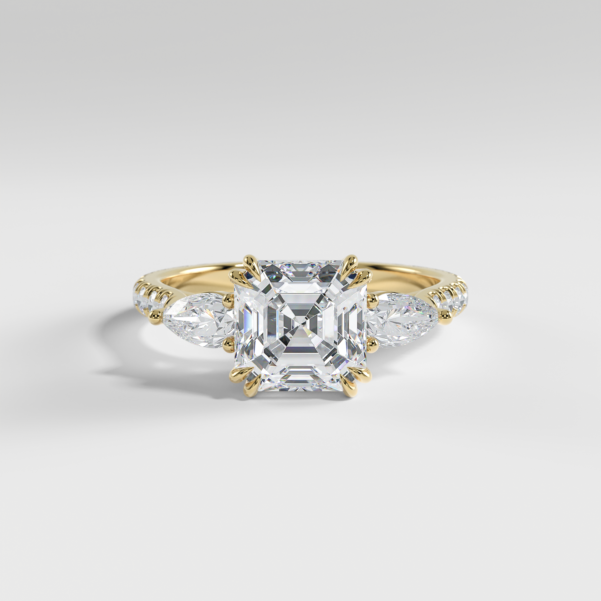 ISLA - Asscher Three-Stone Engagement Ring with Pear Side Stones and Pavé Cathedral Band