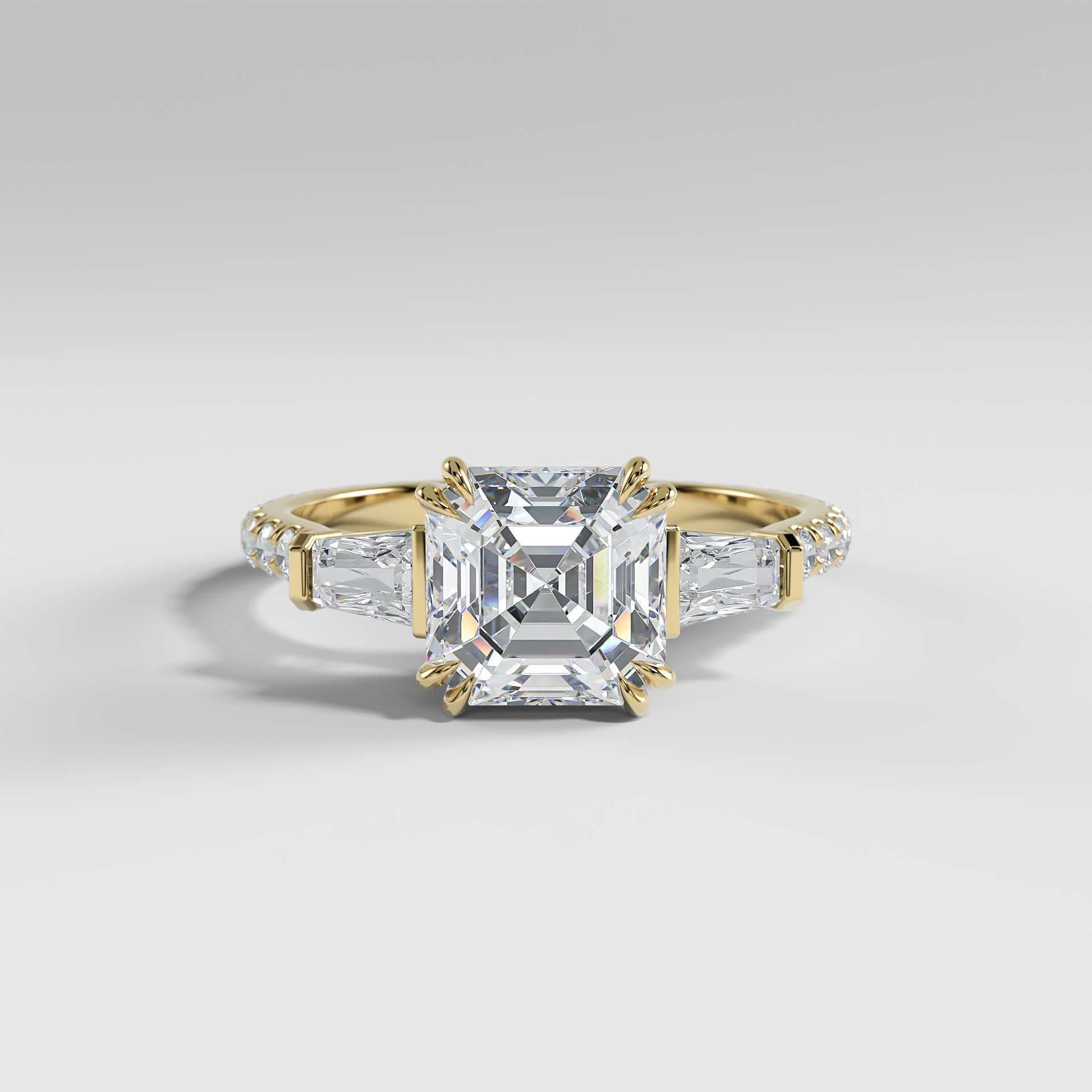 IVY - Asscher Three-Stone Engagement Ring with Tapered Baguette Side Stones and Pavé Cathedral Band