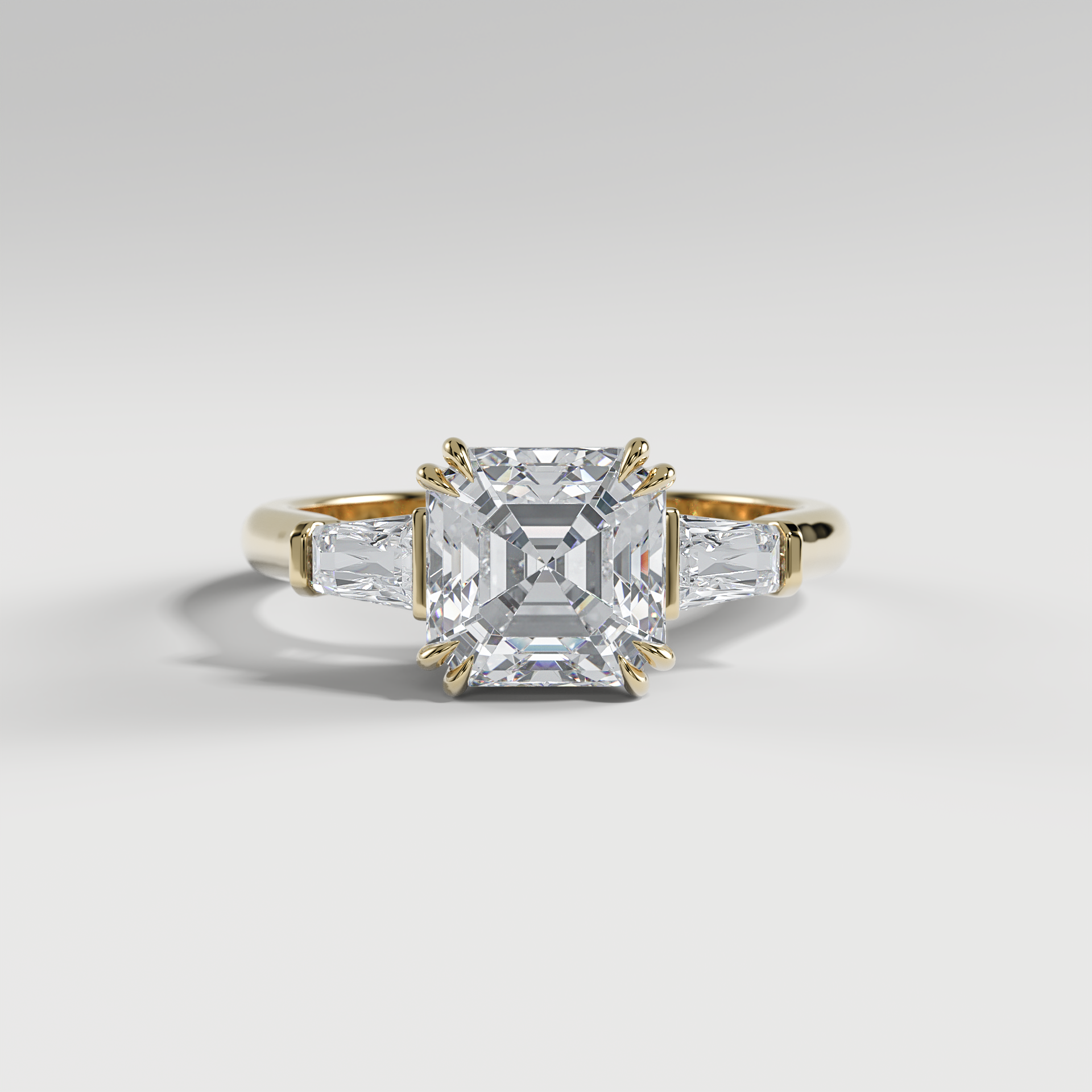 LILY - Asscher Three-Stone Engagement Ring with Tapered Baguette Side Stones and Polished Cathedral Band