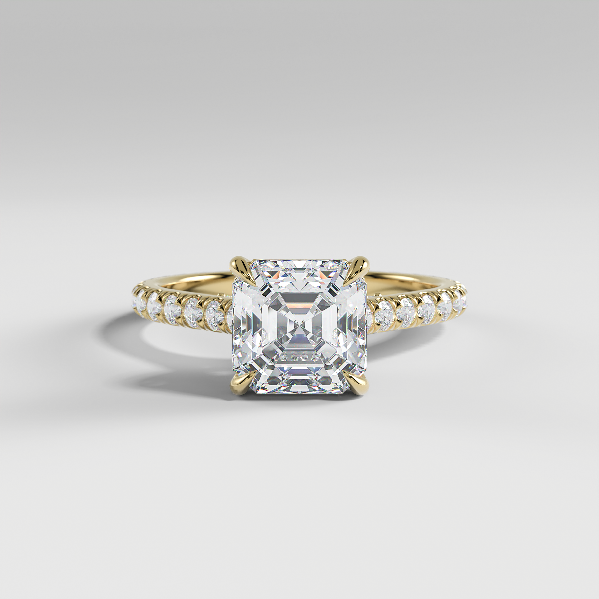 LUCY - Asscher Solitaire Engagement Ring with Pavé, Cathedral Band, Hidden Halo, and Pavé Bridge