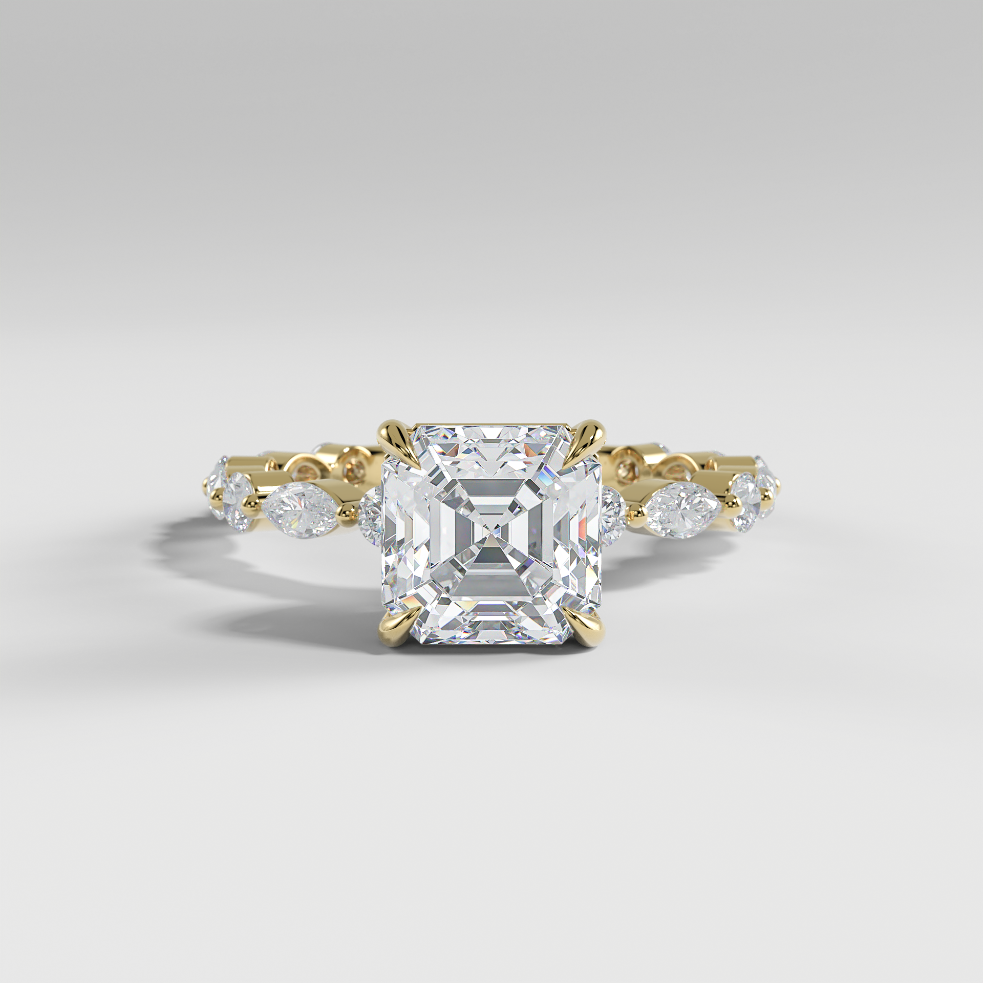 HANNAH - Asscher Solitaire Engagement Ring with Marquise & Round Accent Stones and Hidden Halo