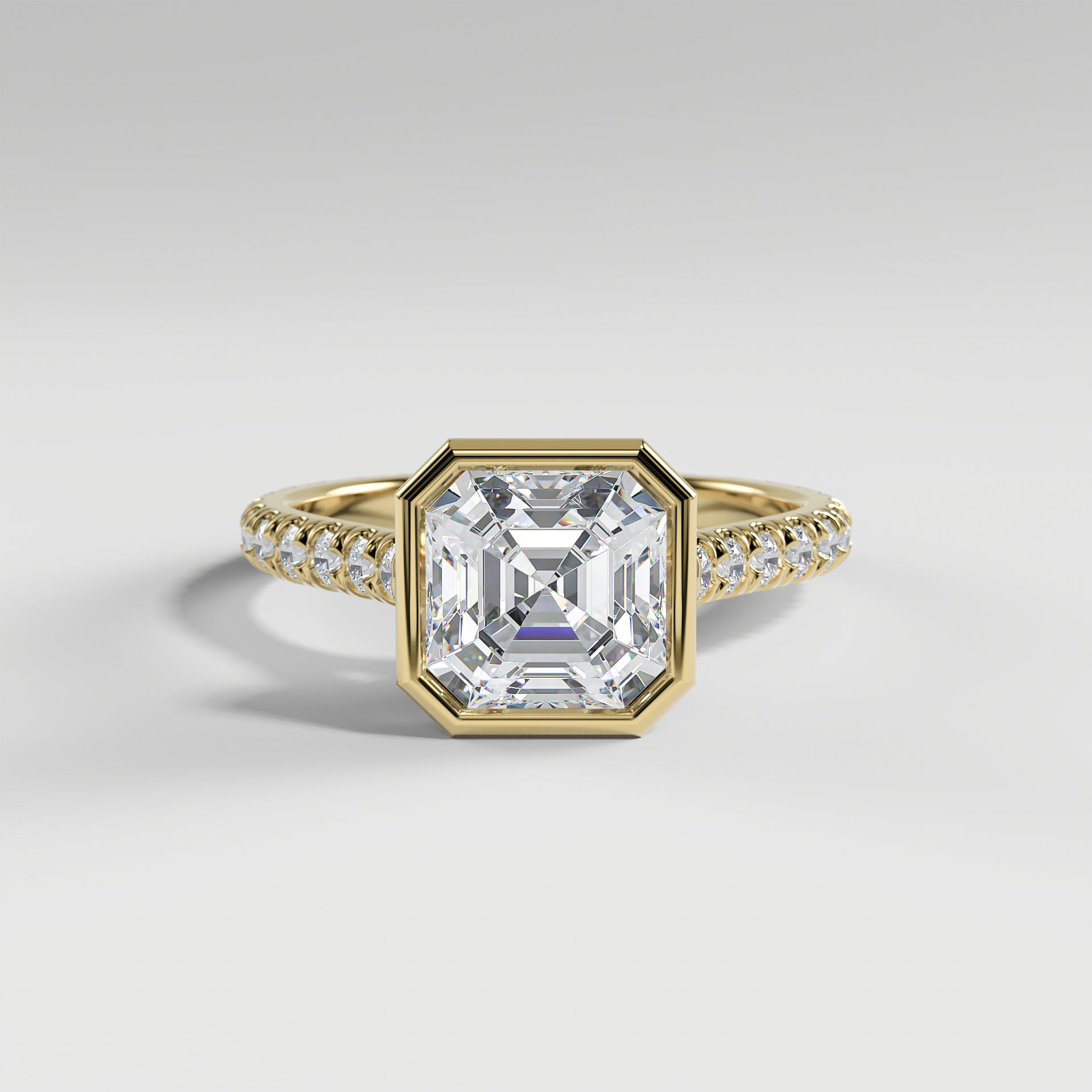 ABIGAIL - Asscher Solitaire Engagement Ring with Pavé Diamond Cathedral Band and Full Bezel Setting
