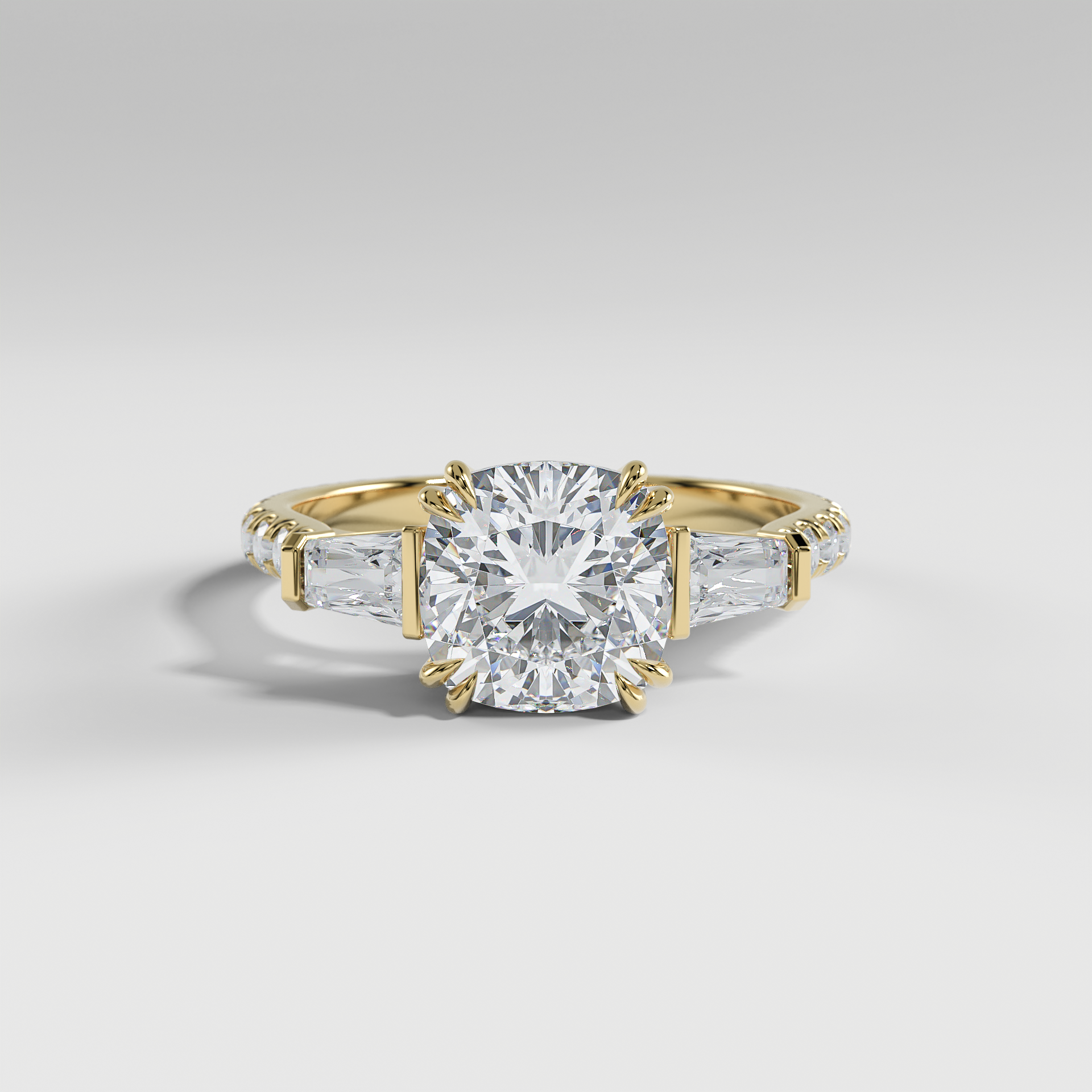 IVY - Cushion Three-Stone Engagement Ring with Tapered Baguette Side Stones and Pavé Cathedral Band