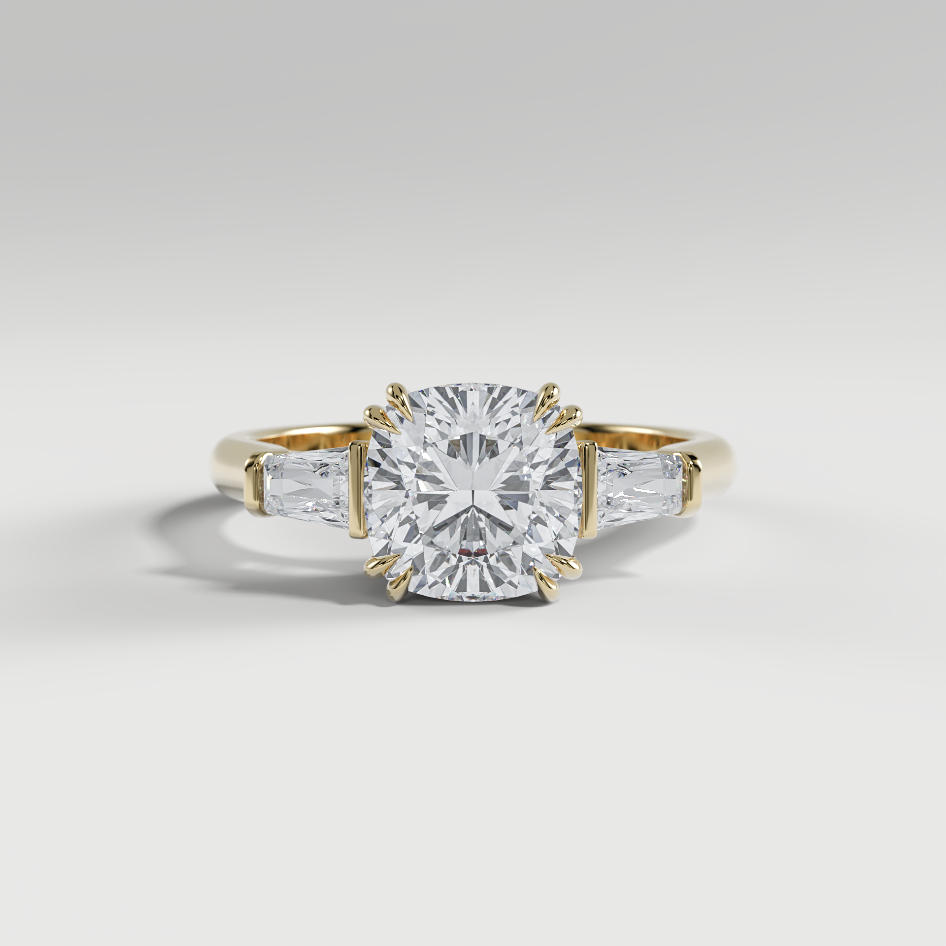 LILY - Cushion Three-Stone Engagement Ring with Tapered Baguette Side Stones and Polished Cathedral Band