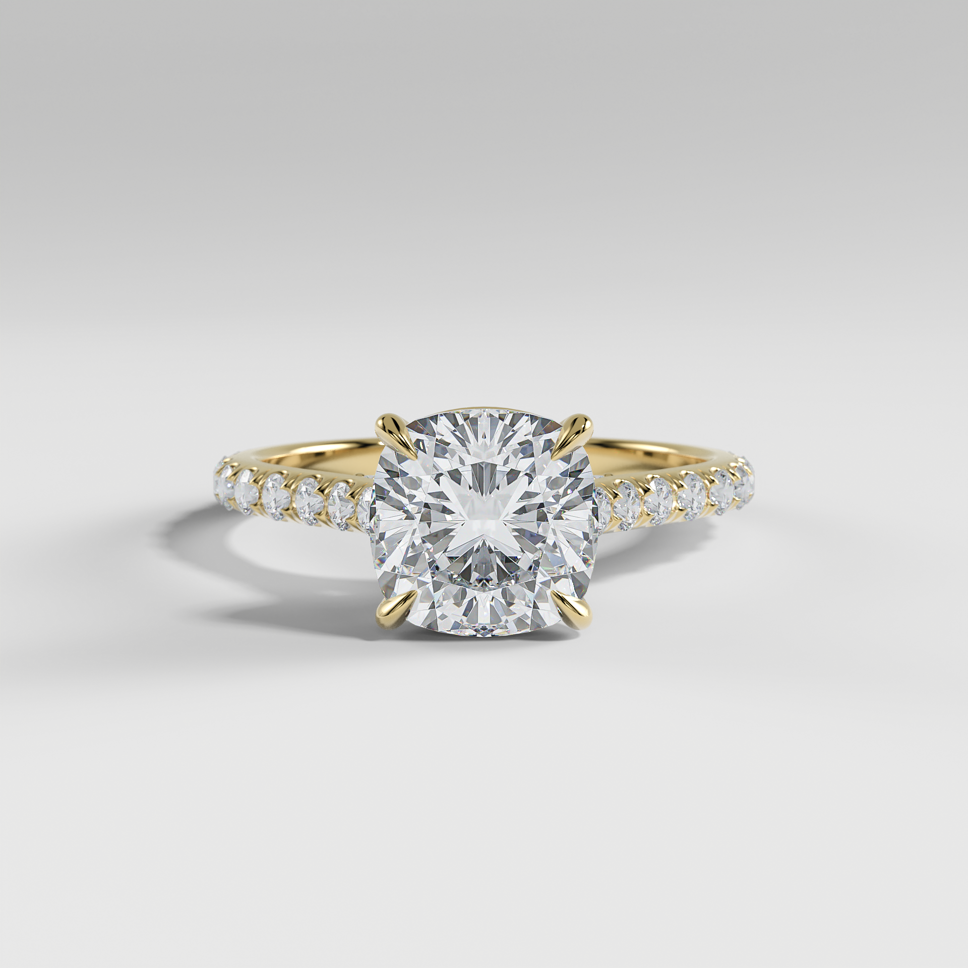 LUCY - Cushion Solitaire Engagement Ring with Pavé, Cathedral Band, Hidden Halo, and Pavé Bridge