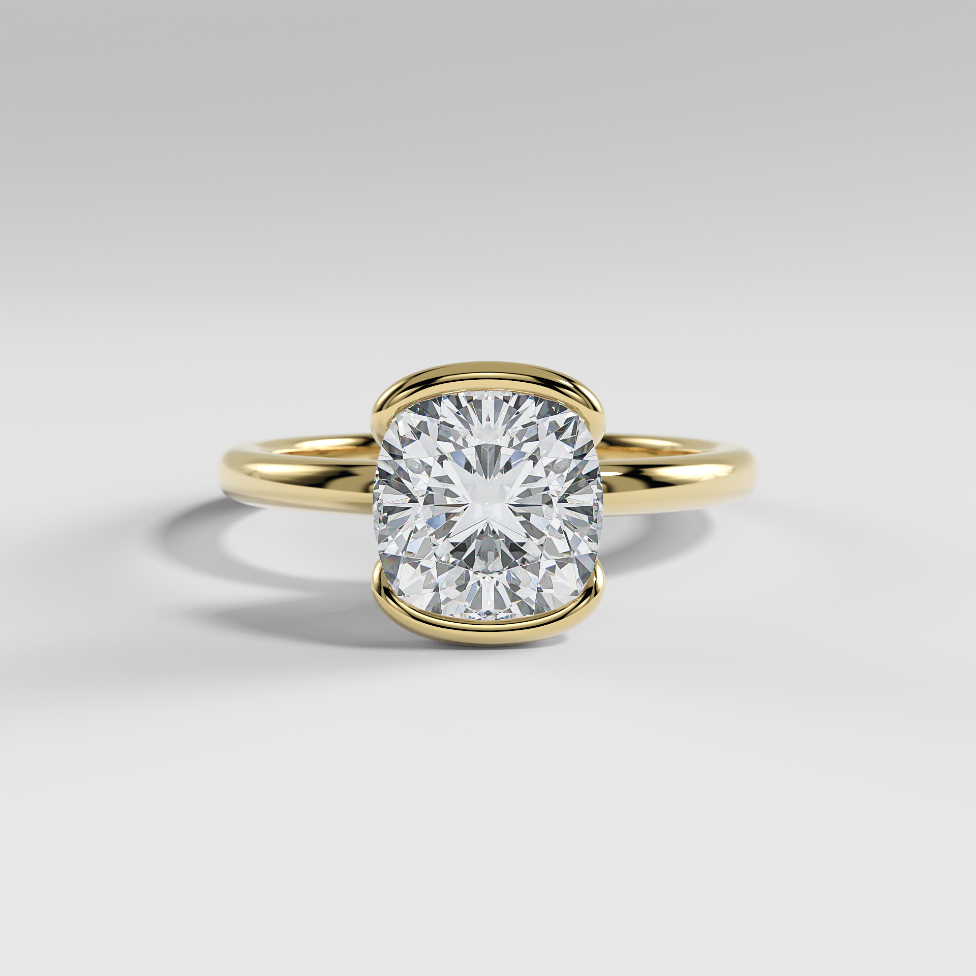 POPPY - Cushion Solitaire Engagement Ring with Half Bezel Setting and Polished Band